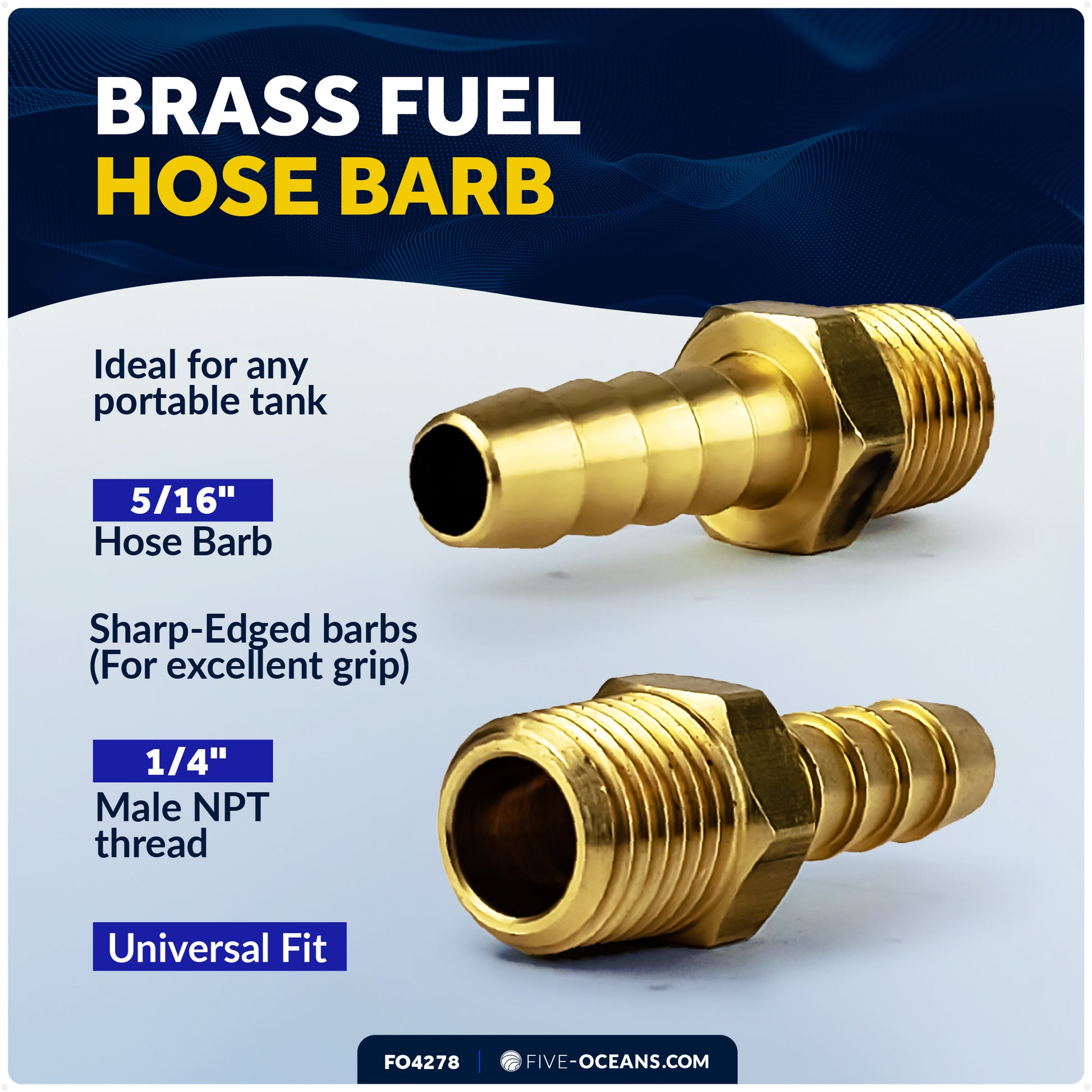 Brass 1/4" NPT Universal Boat Fuel Tank Connector, 5/16" Barb Hose - FO4278 - Five Oceans