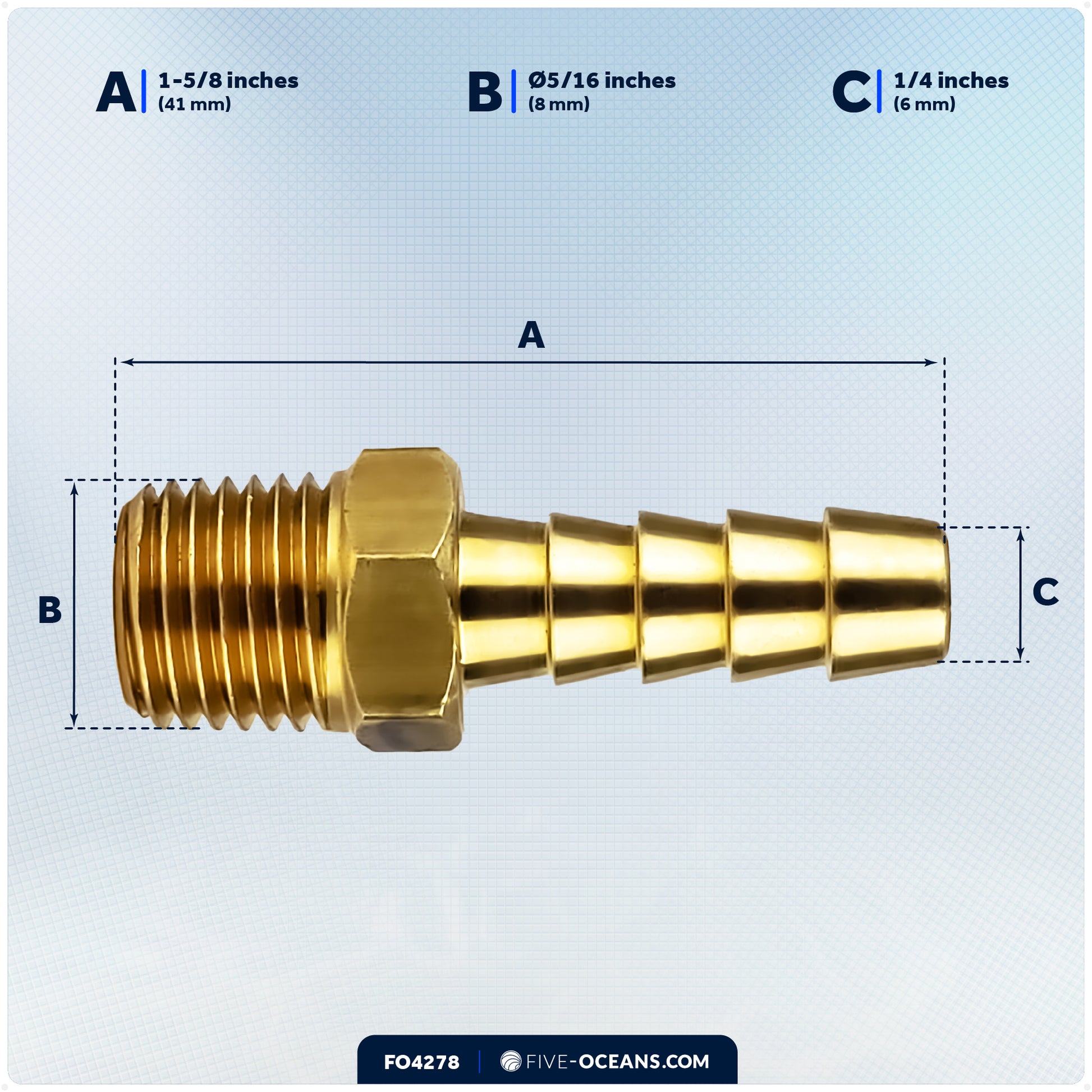 Brass 1/4" NPT Universal Boat Fuel Tank Connector, 5/16" Barb Hose - FO4278 - Five Oceans