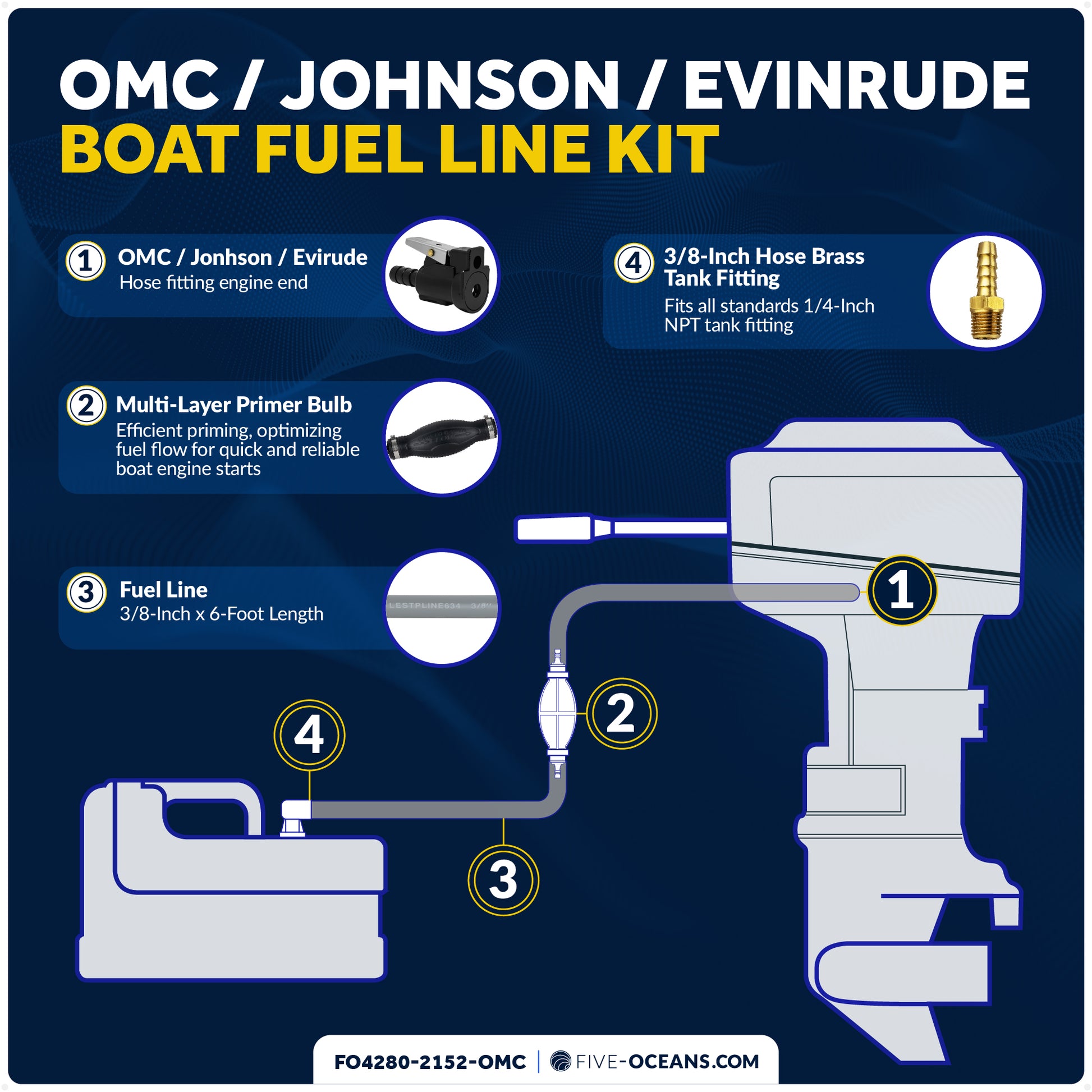OMC/Johnson/Evinrude Marine Boat Fuel Line Kit, 3/8" x 6', EPA/CARB Approved - FO4280-2152-OMC - Five Oceans