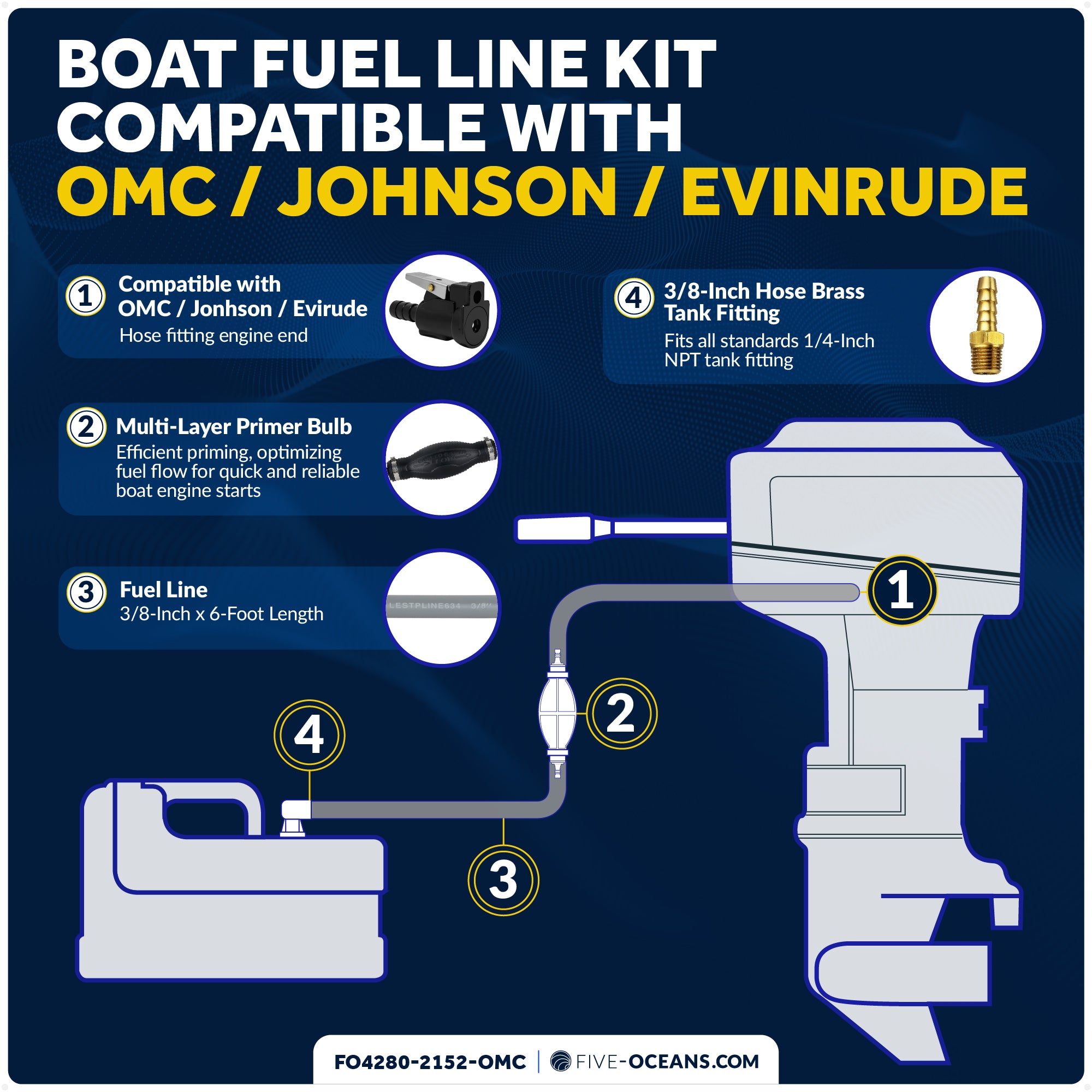 OMC/Johnson/Evinrude Marine Boat Fuel Line Kit, 3/8" x 6', EPA/CARB Approved - FO4280-2152-OMC