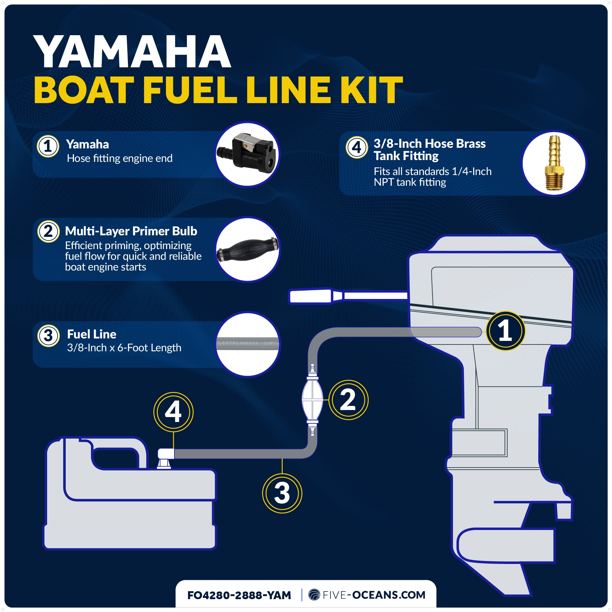 Yamaha Marine Boat Fuel Line Kit, 3/8" x 6', EPA/CARB Approved - FO4280-2888-YAM