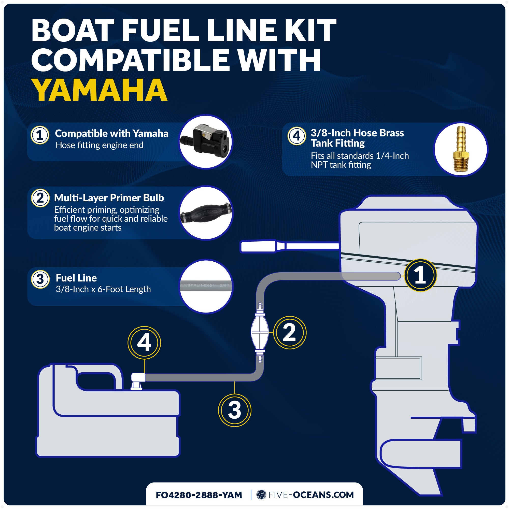 Yamaha Marine Boat Fuel Line Kit, 3/8" x 6', EPA/CARB Approved - FO4280-2888-YAM