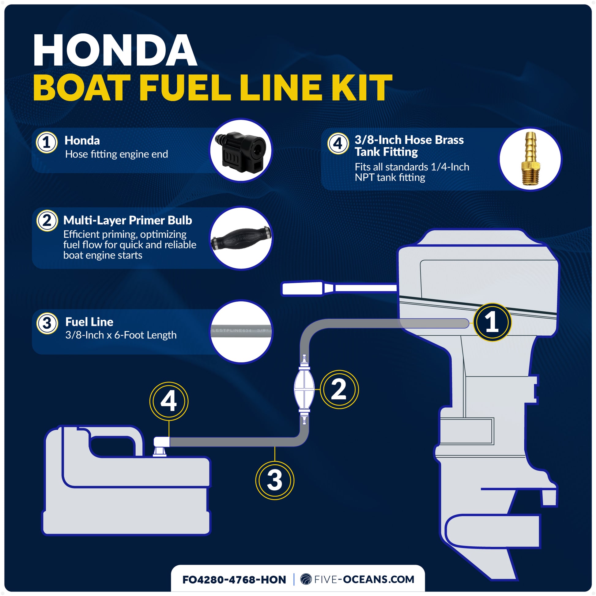 Honda Marine Boat Fuel Line Kit, 3/8" x 6', EPA/CARB Approved - FO4280-4768-HON - Five Oceans