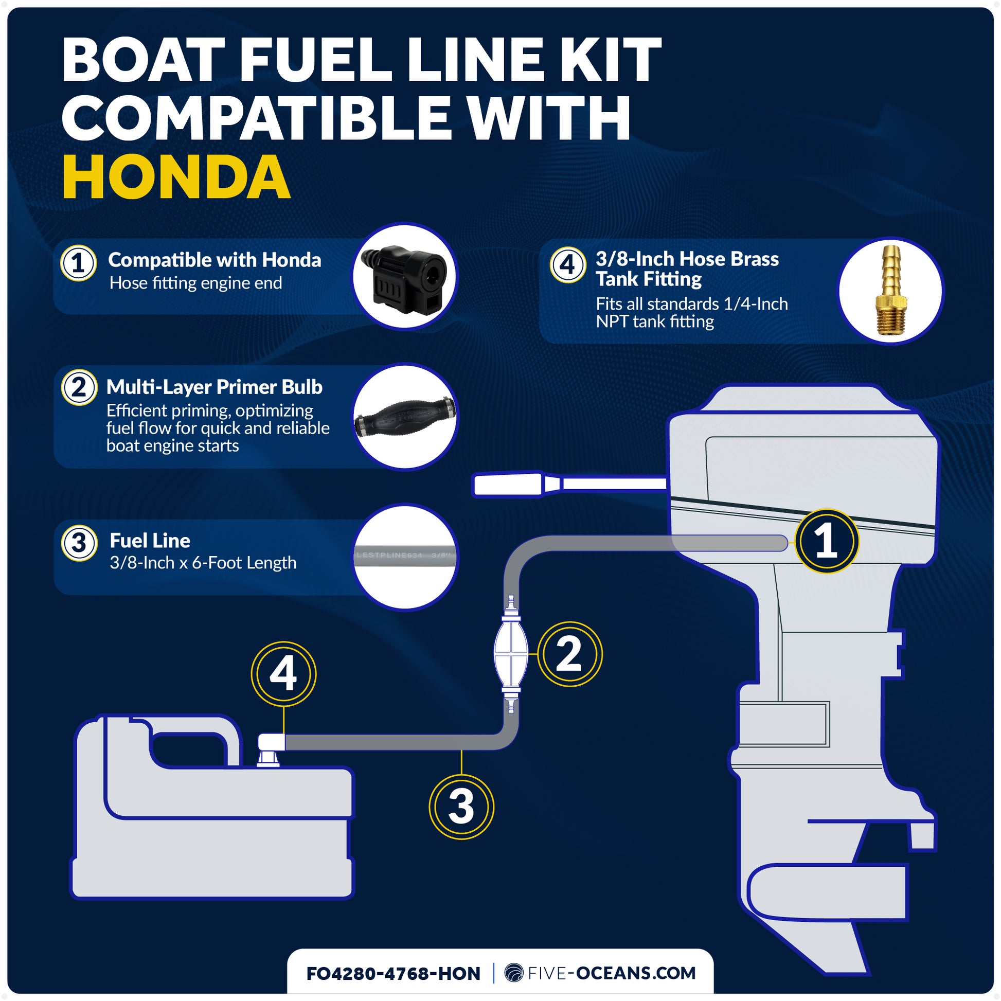 Honda Marine Boat Fuel Line Kit, 3/8" x 6', EPA/CARB Approved - FO4280-4768-HON - Five Oceans