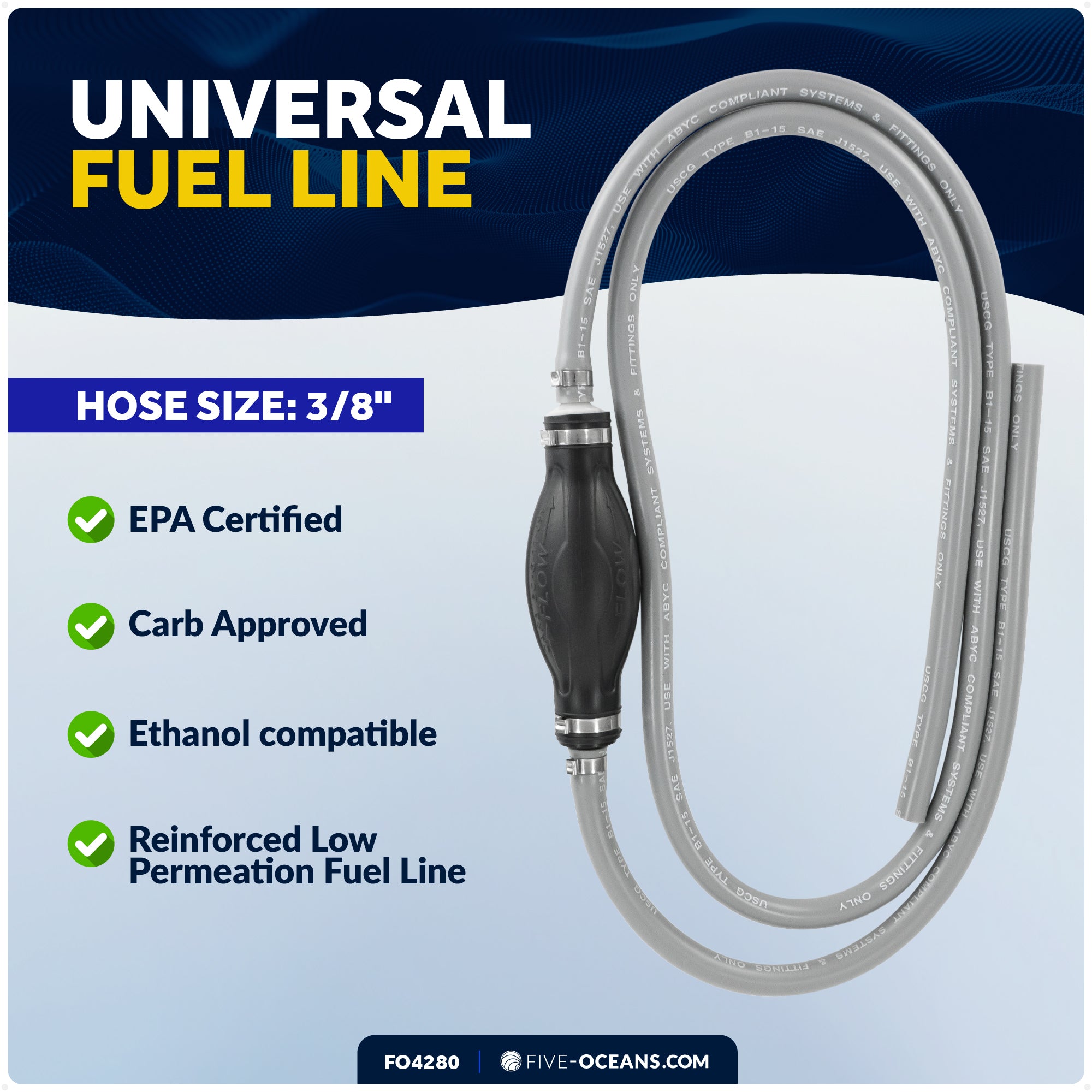 3/8" Universal Outboard Fuel Line with Primer Bulb, 6-Foot Long, 6' Long, EPA/CARB - FO4280 - Five Oceans