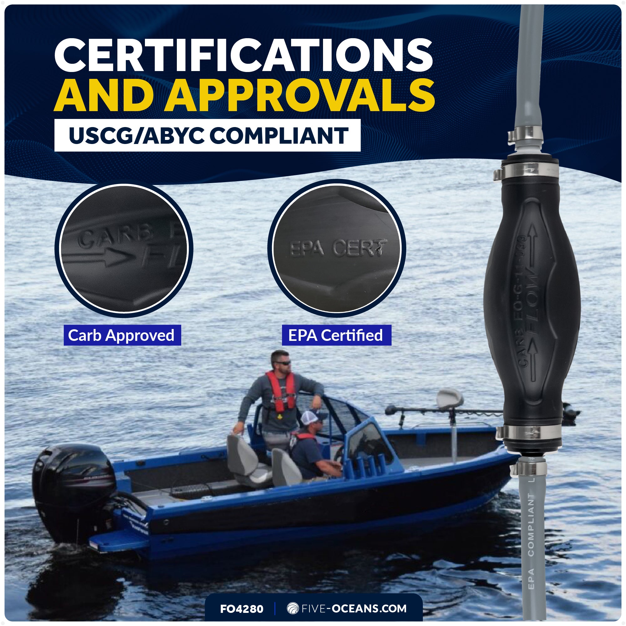3/8" Universal Outboard Fuel Line with Primer Bulb, 6-Foot Long, 6' Long, EPA/CARB - FO4280 - Five Oceans