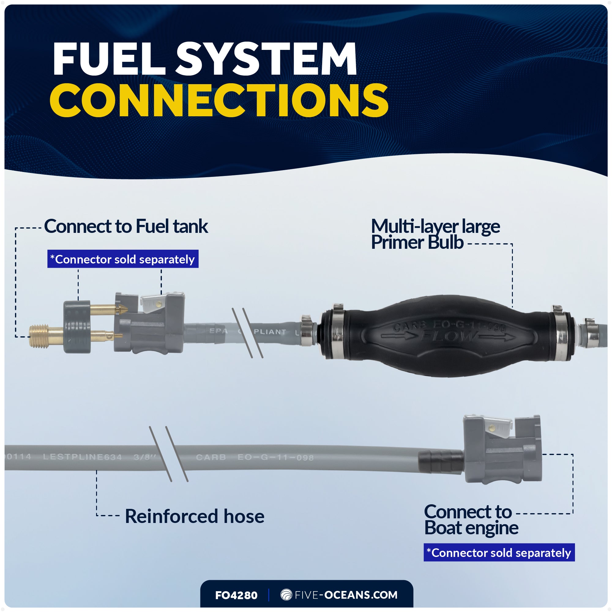 3/8" Universal Outboard Fuel Line with Primer Bulb, 6-Foot Long, 6' Long, EPA/CARB - FO4280 - Five Oceans