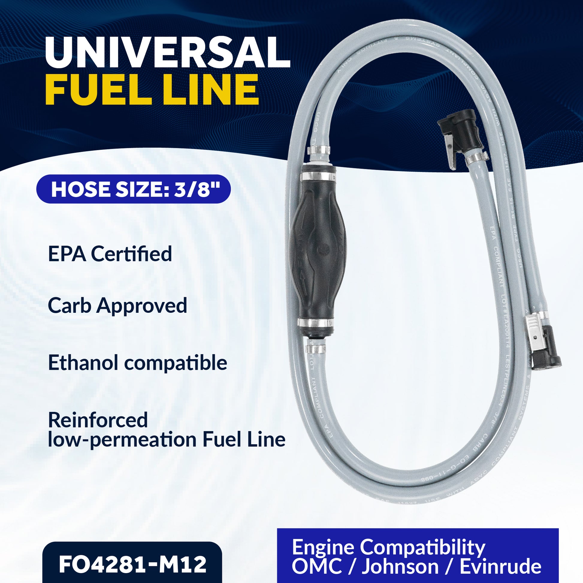 3/8" Outboard Motor Fuel Line with Bulb for OMC/Johnson/Evinrude, 6' Long, EPA/CARB, 12-Pack - F04282-M12 - Five Oceans