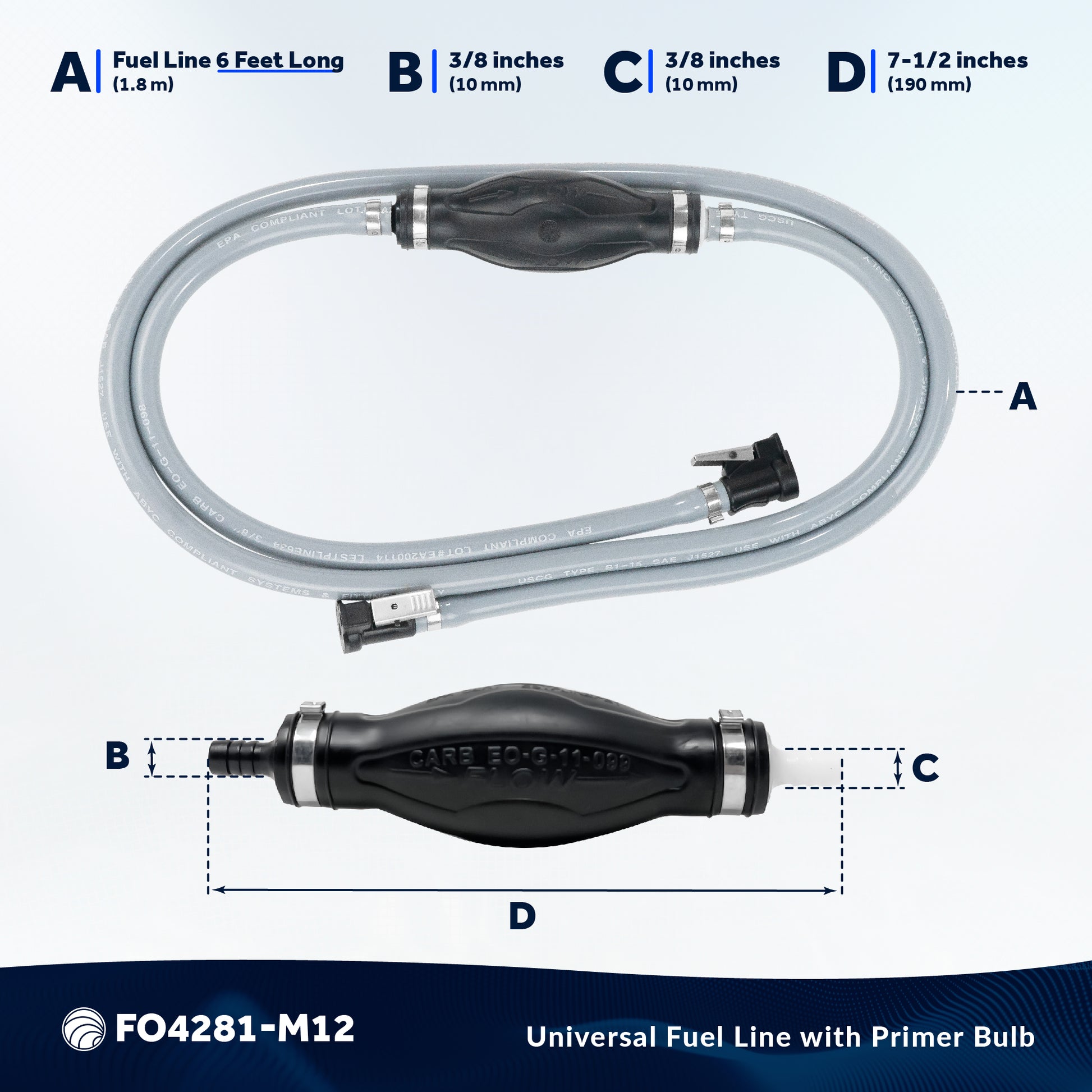 3/8" Outboard Motor Fuel Line with Bulb for OMC/Johnson/Evinrude, 6' Long, EPA/CARB, 12-Pack - F04282-M12 - Five Oceans