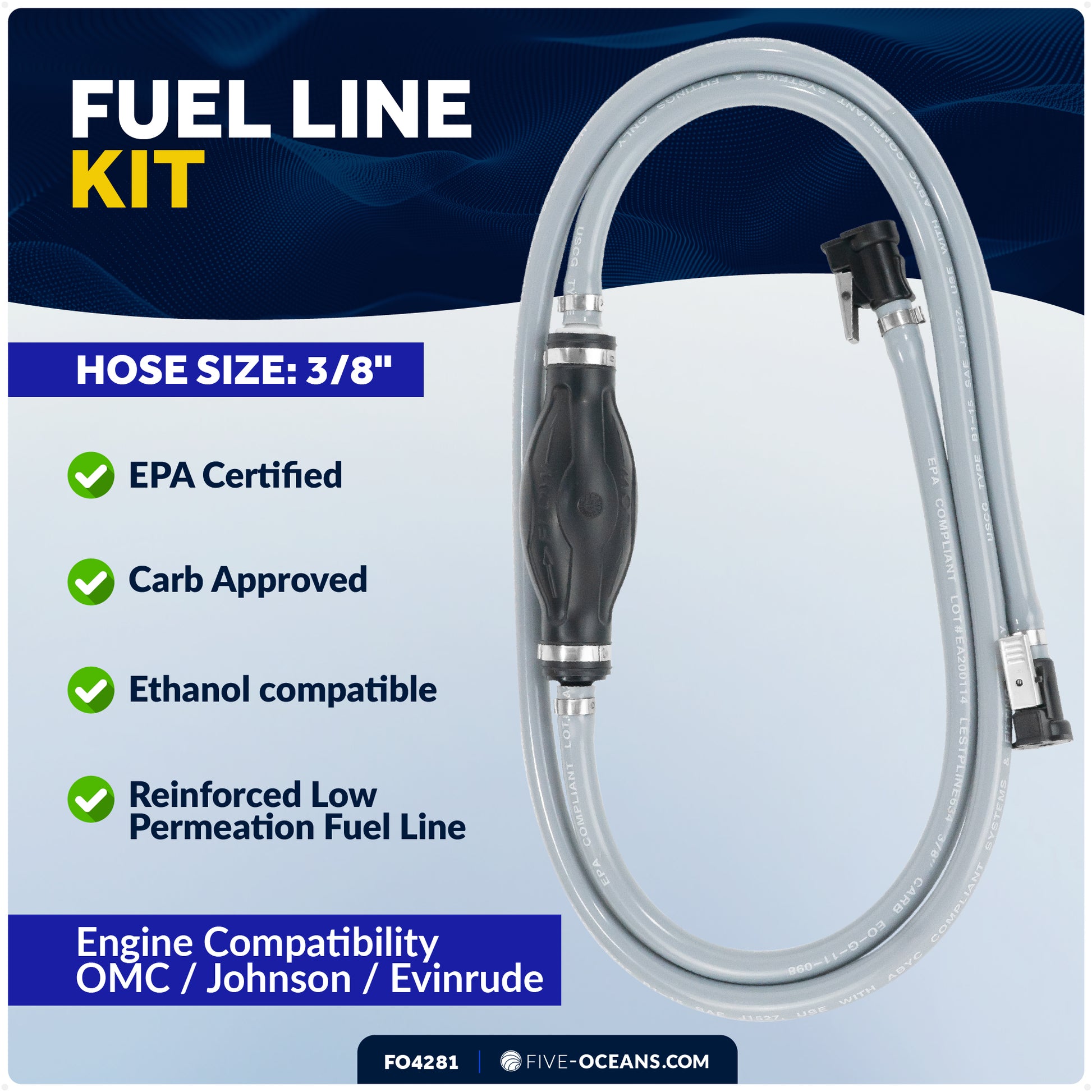 OMC/Johnson/Evinrude Marine Boat Fuel Line Kit, 3/8-Inch x 6-Foot, EPA/CARB Approved - FO4281 - Five Oceans