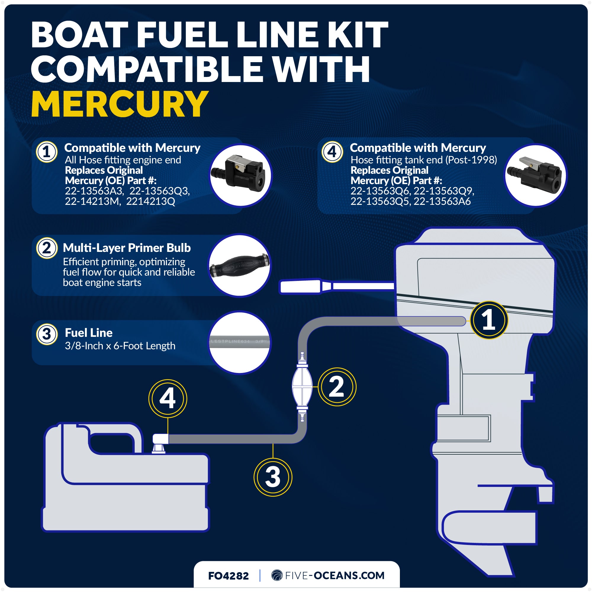 EPA 3/8" Fuel Line Assembly for Mercury Outboards & Tanks (Post-1998) – FO4282 - Five Oceans