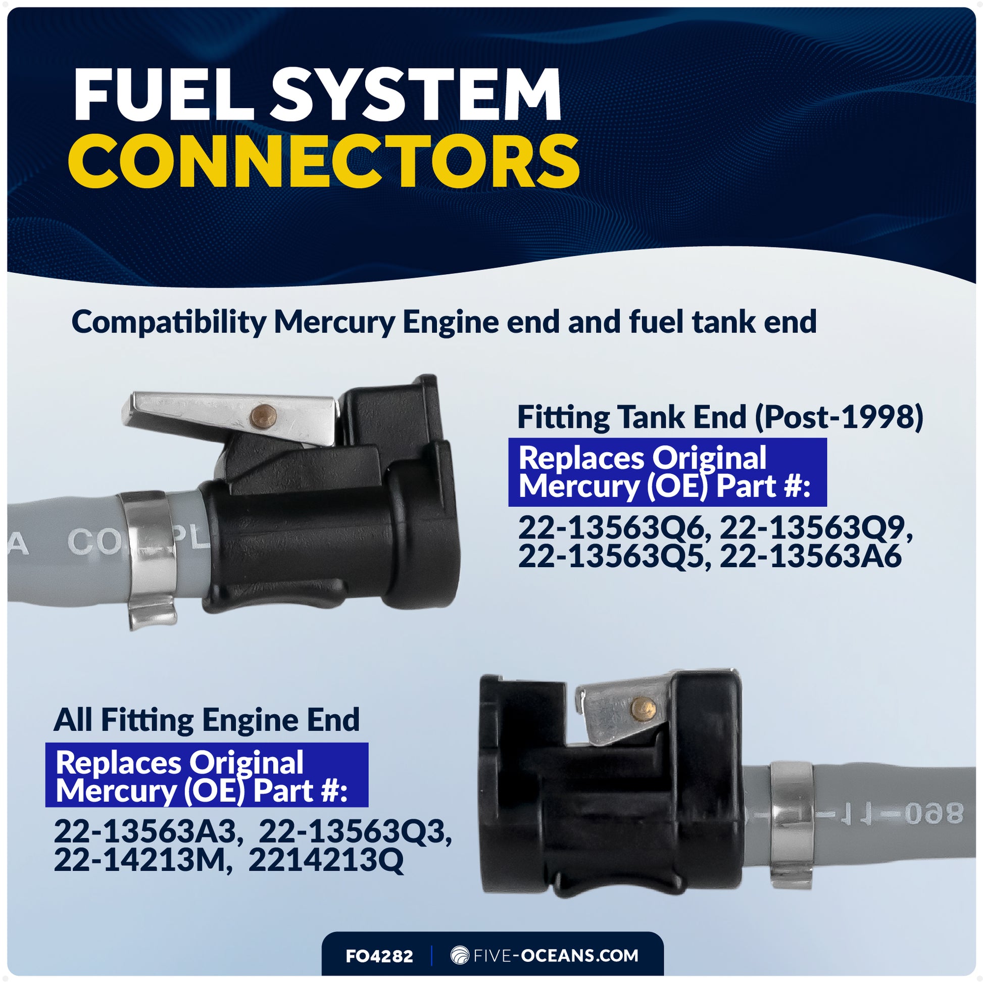 Mercury Marine Boat Fuel Line Kit, 3/8-Inch x 6-Foot, EPA/CARB Approved, Leakproof, Outboard Fuel Line for All Mercury Engine End and Tank End (Post-1998) Male fitting - FO4282 - Five Oceans