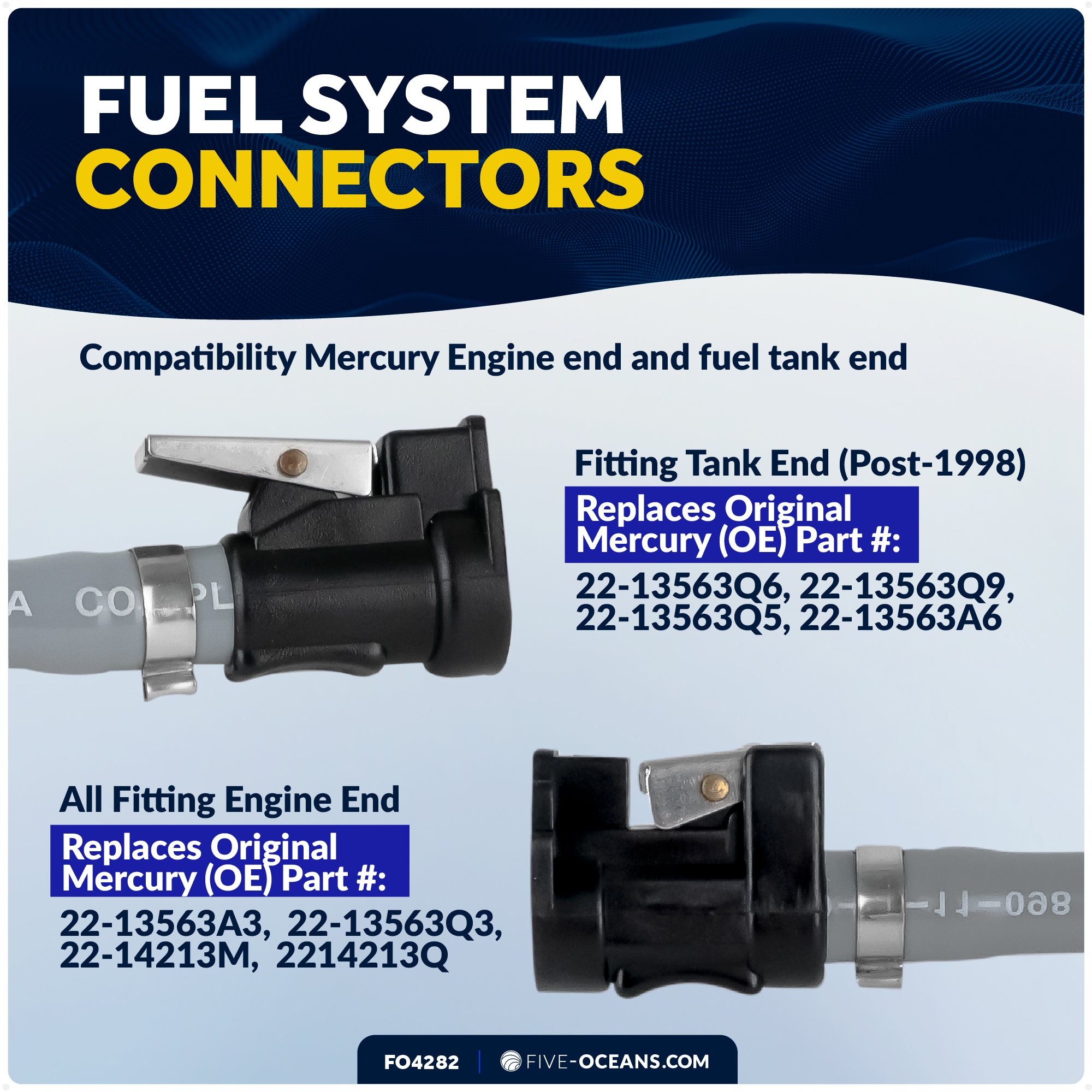 Mercury Marine Boat Fuel Line Kit, 3/8-Inch x 6-Foot, EPA/CARB Approved, Leakproof, Outboard Fuel Line for All Mercury Engine End and Tank End (Post-1998) Male fitting - FO4282 - Five Oceans