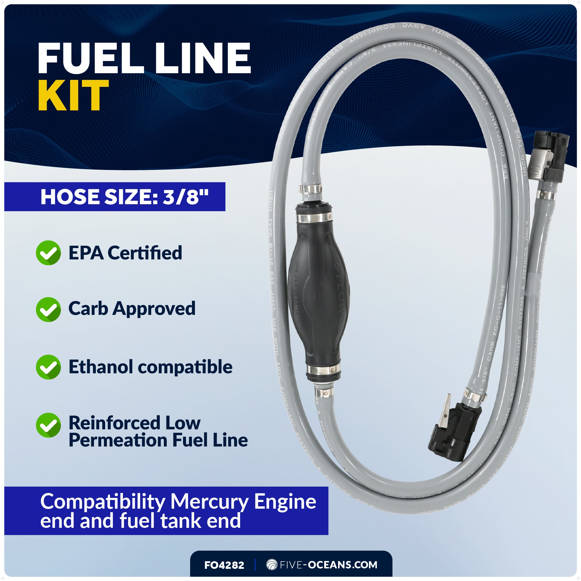 Mercury Marine Boat Fuel Line Kit, 3/8-Inch x 6-Foot, EPA/CARB Approved, Leakproof, Outboard Fuel Line for All Mercury Engine End and Tank End (Post-1998) Male fitting - FO4282 - Five Oceans