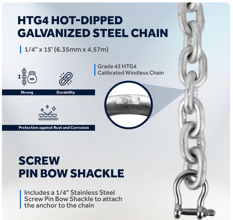 Windlass Anchor Rode, 1/2" 3-Strand Rope with 1/4" x 15' HTG4 Galvanized Steel Chain - Five Oceans