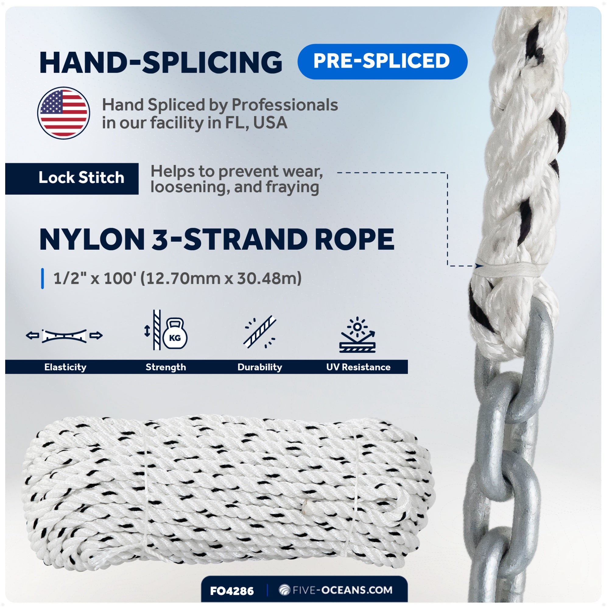 Windlass Anchor Rode, 1/2" x 100' Nylon 3-Strand Rope, 1/4" x 15' G4 Hot-Dipped Galvanized Steel Chain - FO4286 - Five Oceans