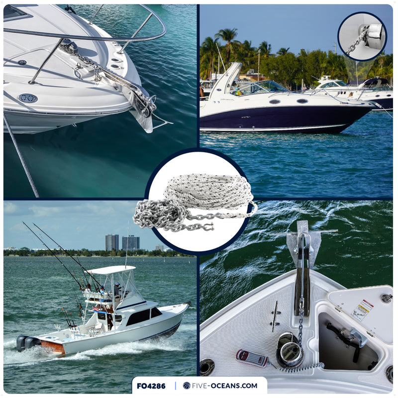 Windlass Anchor Rode, 1/2" x 100' Rope with 1/4" x 15' G4 Galvanized Chain - FO4286 - Five Oceans