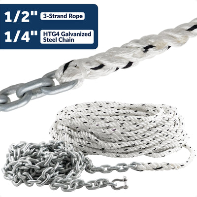 Windlass Anchor Rode, 1/2" 3-Strand Rope with 1/4" HTG4 Galvanized Steel Chain - Five Oceans