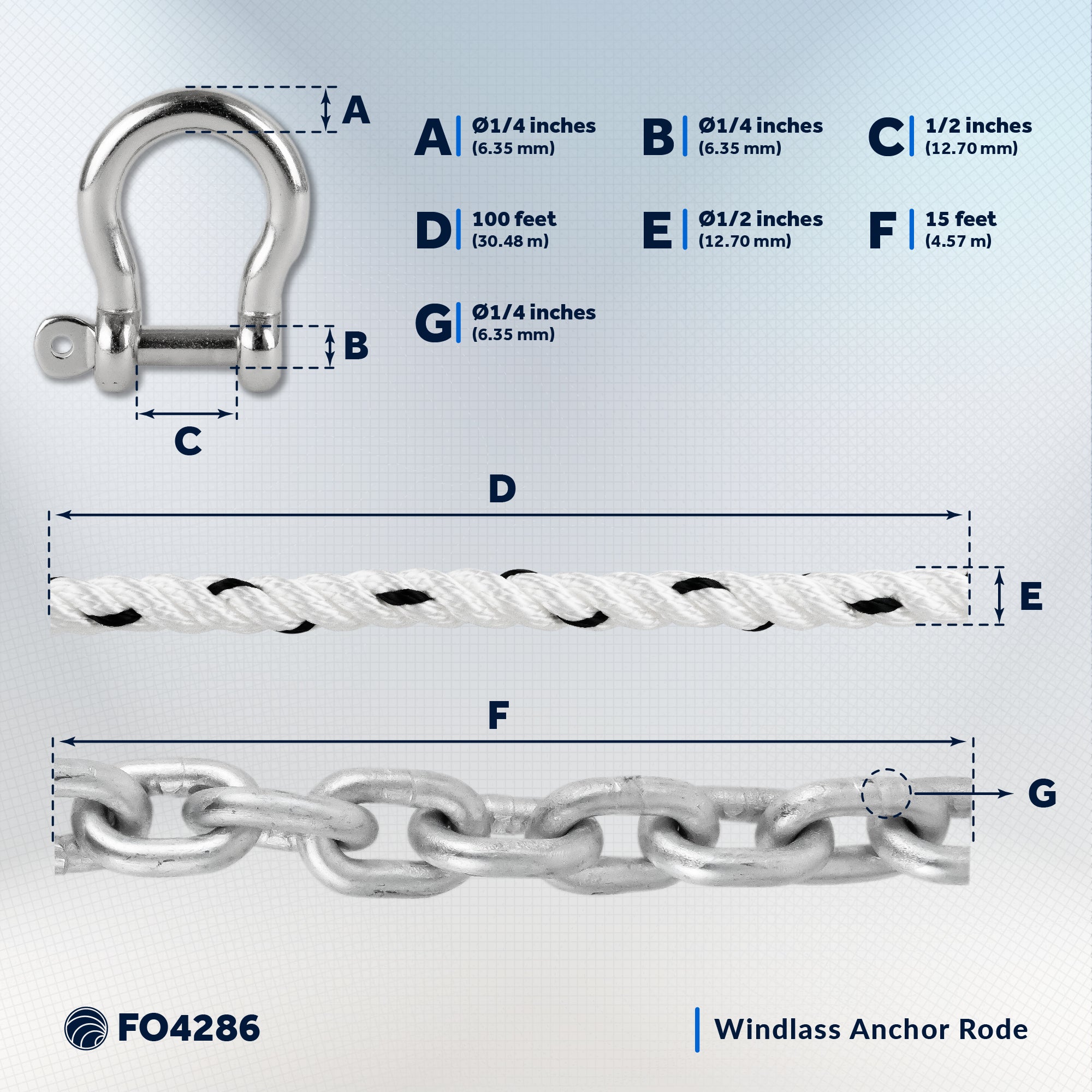 Windlass Anchor Rode, 1/2" x 100' Nylon 3-Strand Rope, 1/4" x 15' G4 Hot-Dipped Galvanized Steel Chain - FO4286