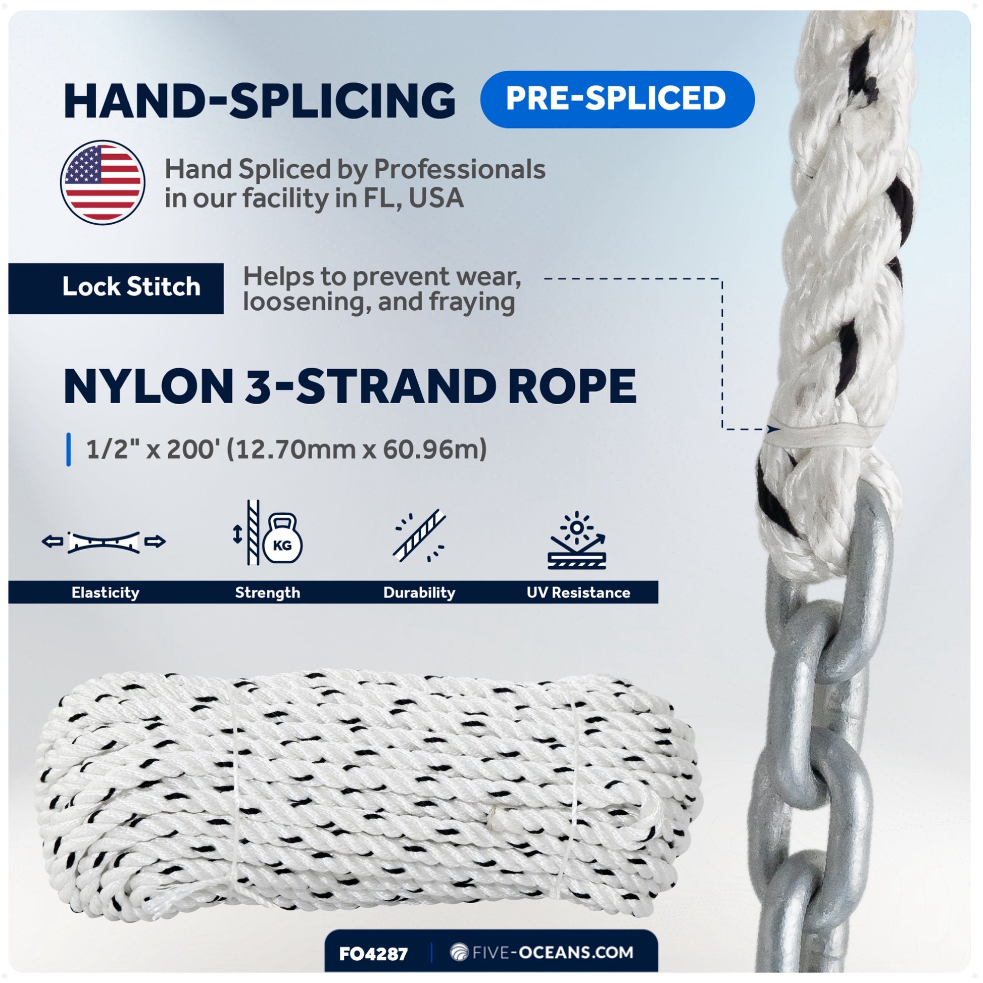 Windlass Anchor Rode, 1/2" x 200' Nylon 3-Strand Rope,  1/4" x 15' G4 Hot-Dipped Galvanized Steel Chain - FO4287 - Five Oceans