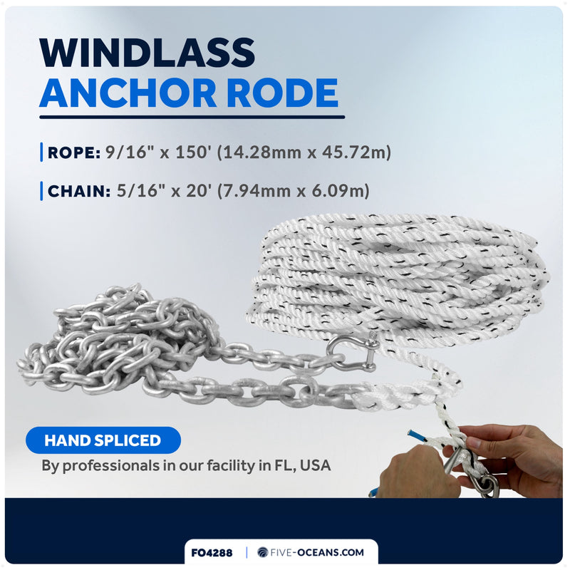Windlass Anchor Rode, 9/16"x150' Rope with 5/16"x20' G4 Galvanized Chain - FO4288 - Five Oceans