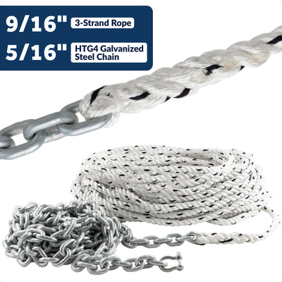 Windlass Anchor Rode, 9/16" 3-Strand Rope with 5/16" HTG4 Galvanized Steel Chain - Five Oceans
