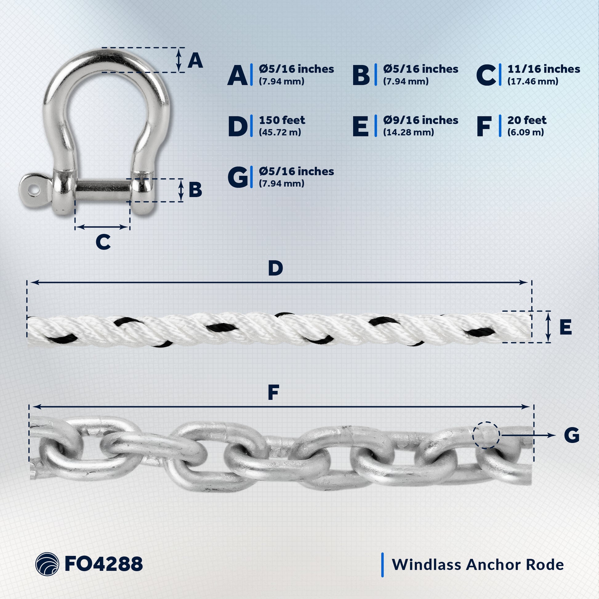 Windlass Anchor Rode, 9/16" x 150' Nylon 3-Strand Rope, 5/16" x 20' G4 Hot-Dipped Galvanized Steel Chain - FO4288 - Five Oceans