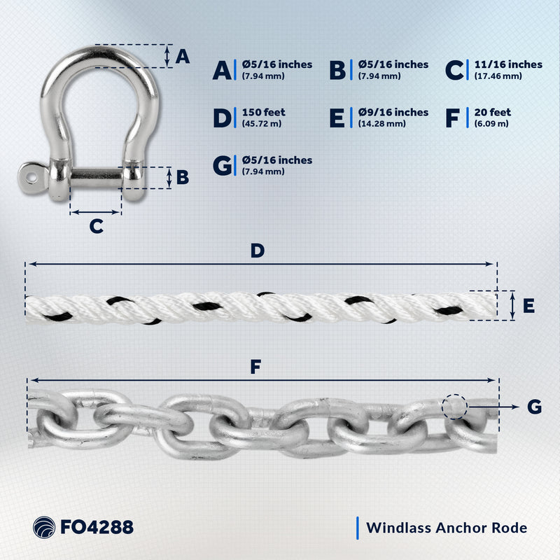 Windlass Anchor Rode, 9/16"x150' Rope with 5/16"x20' G4 Galvanized Chain - FO4288 - Five Oceans