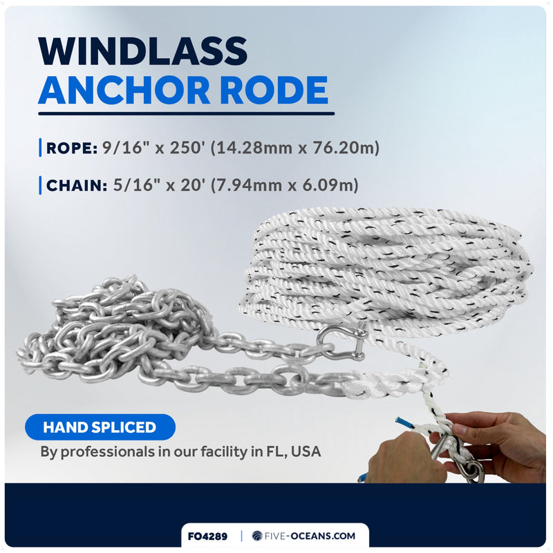 Windlass Anchor Rode, 9/16"x250' Rope with 5/16"x20' G4 Galvanized Chain - FO4289 - Five Oceans