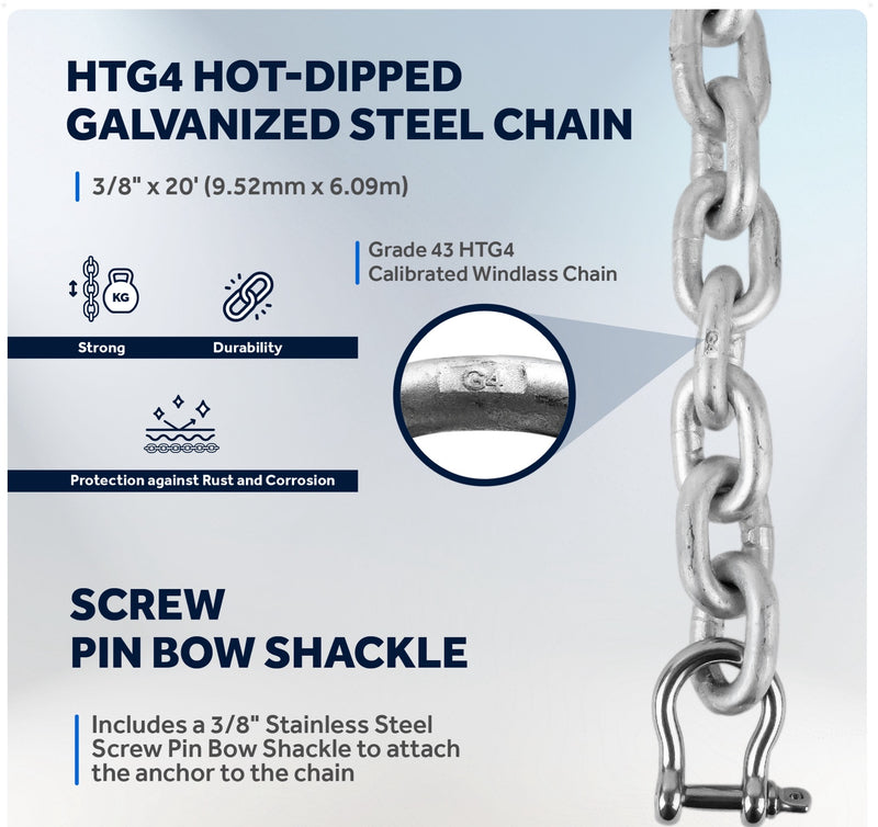 Windlass Anchor Rode, 5/8" 3-Strand Rope with 3/8" HTG4 Galvanized Steel Chain - Five Oceans