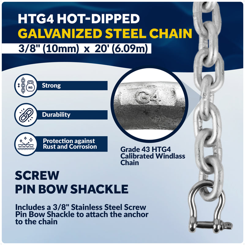 Windlass Anchor Rode, 5/8" 3-Strand Rope with 3/8" HTG4 Galvanized Steel Chain - Five Oceans