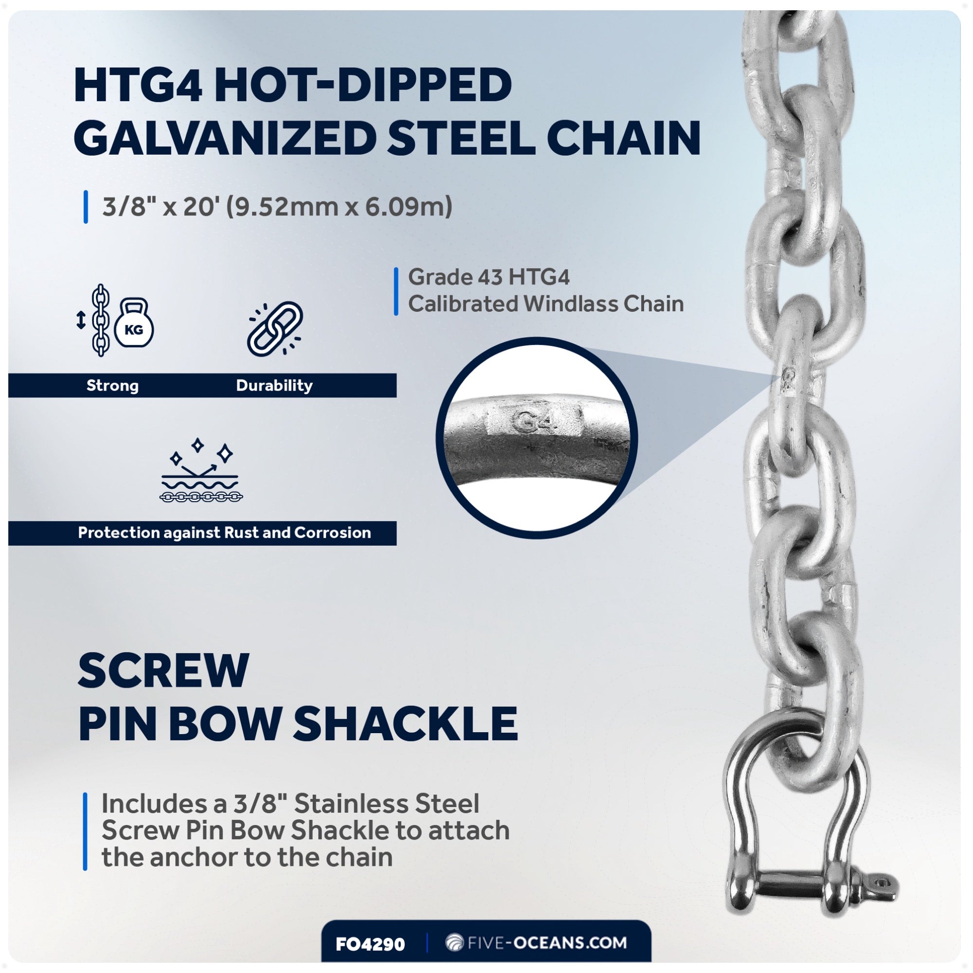 Windlass Anchor Rode, 5/8" x 200' Rope with 3/8" x 20' G4 Galvanized Chain - FO4290 - Five Oceans