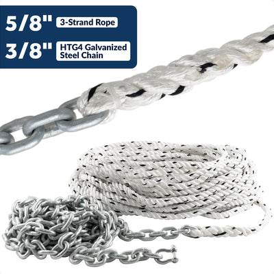 Windlass Anchor Rode, 5/8" 3-Strand Rope with 3/8" HTG4 Galvanized Steel Chain - Five Oceans