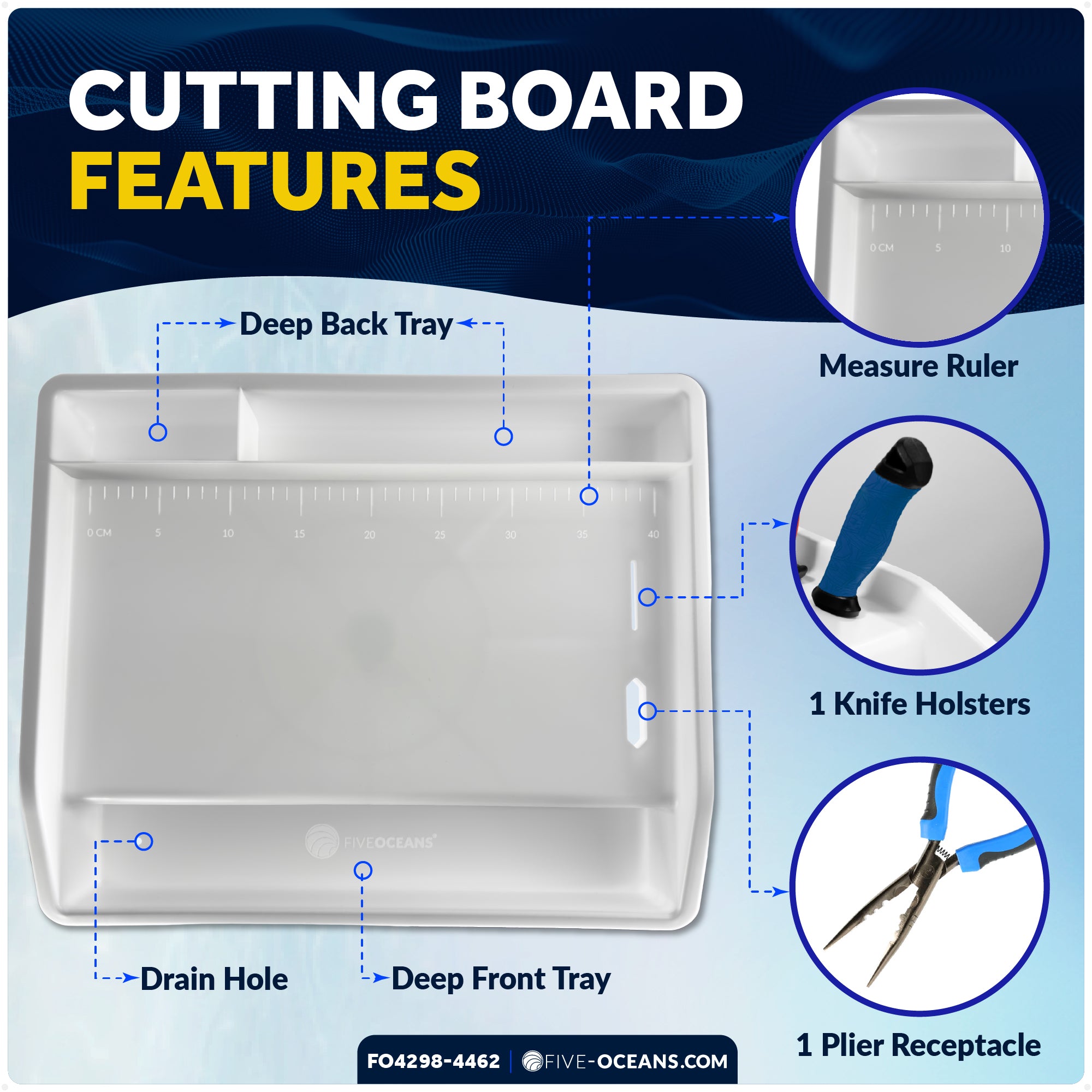 Deluxe Bait Cutting Board 17"x14" Rod Holder Mount & Stainless Steel Fish Gripper Fishing Set - FO4298-4462 - Five Oceans