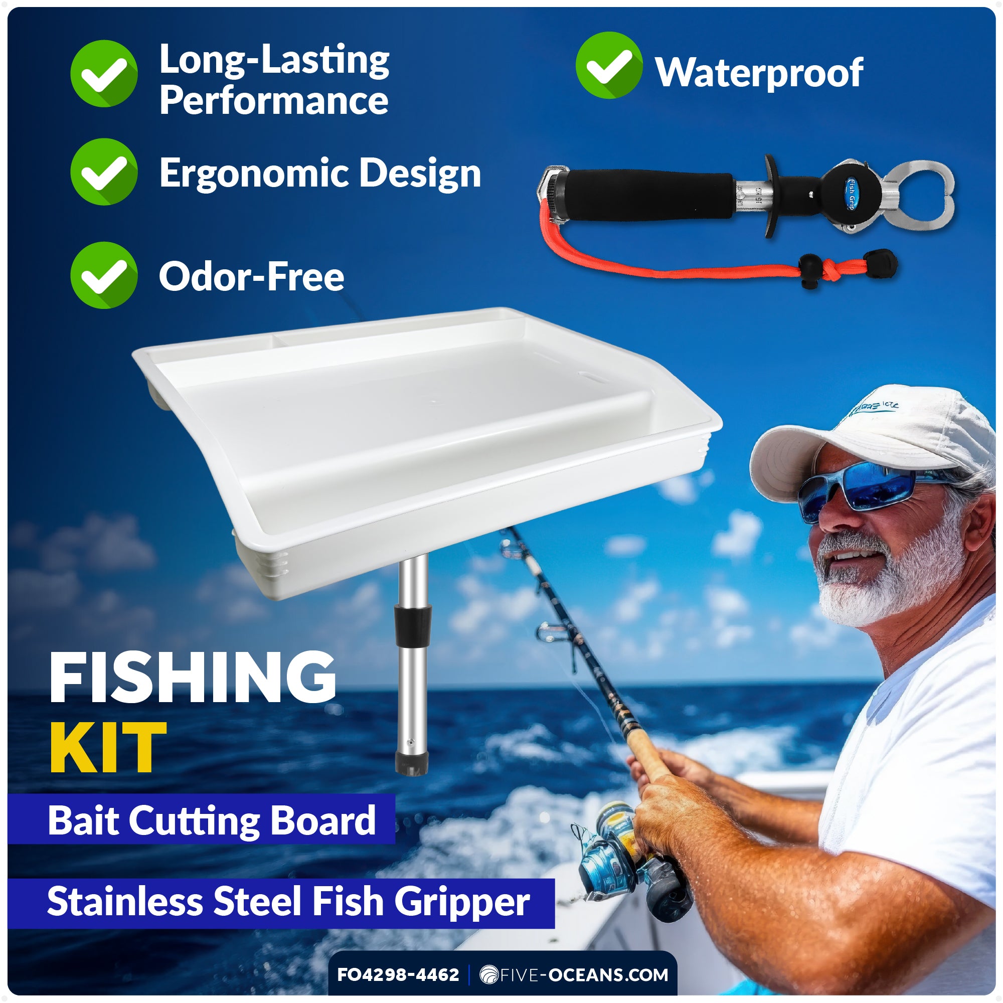 Deluxe Bait Cutting Board 17"x14" Rod Holder Mount & Stainless Steel Fish Gripper Fishing Set - FO4298-4462 - Five Oceans