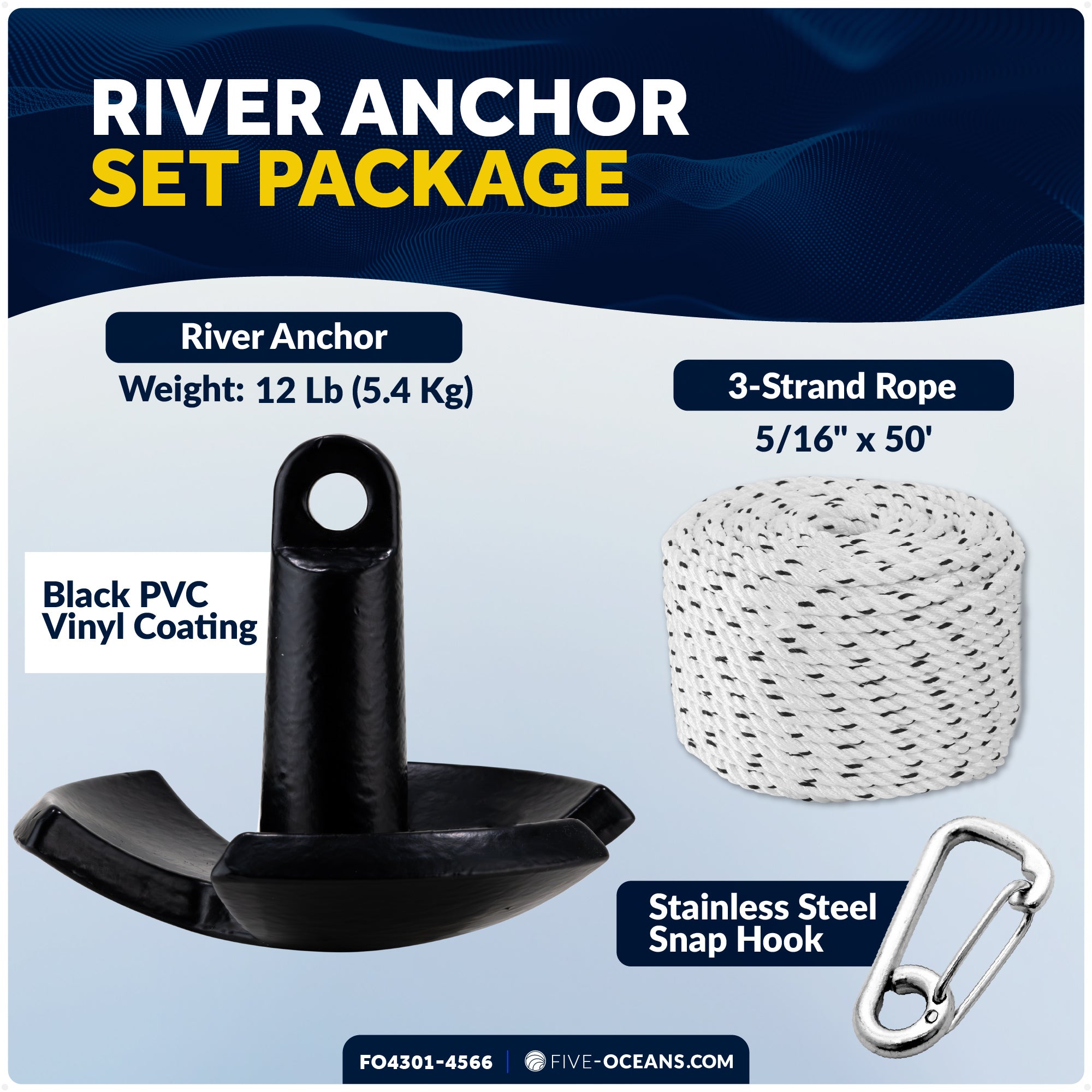 12 Lb River Boat Anchor Kit, Black PVC Vinyl Coating, 5/16"x50' 3-Strand Rope, Marine Snap Hook - 4301-4566 - Five Oceans