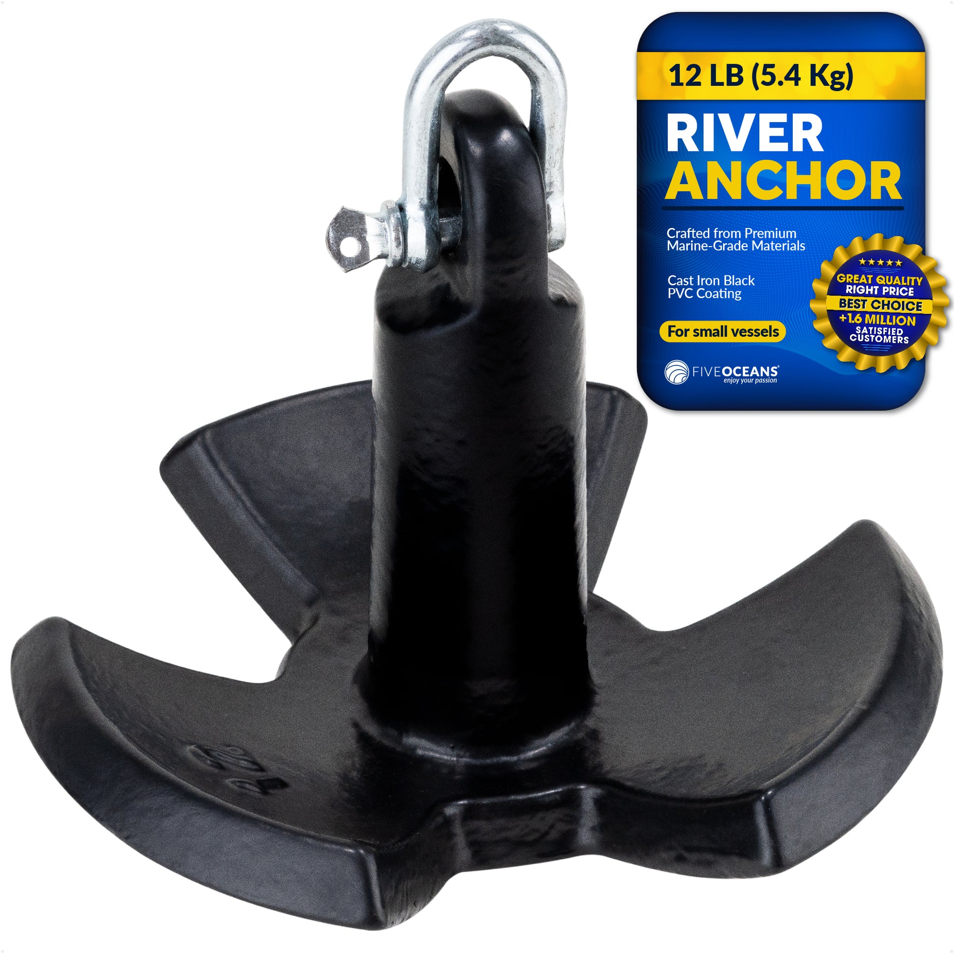 River Anchor, 12 Lb, Cast Iron Black PVC Vinyl Coated - FO4301 - Five Oceans