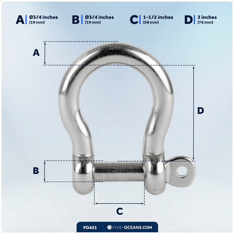 3/4" Screw Pin Bow Shackle, AISI316 Stainless Steel - FO431 - Five Oceans