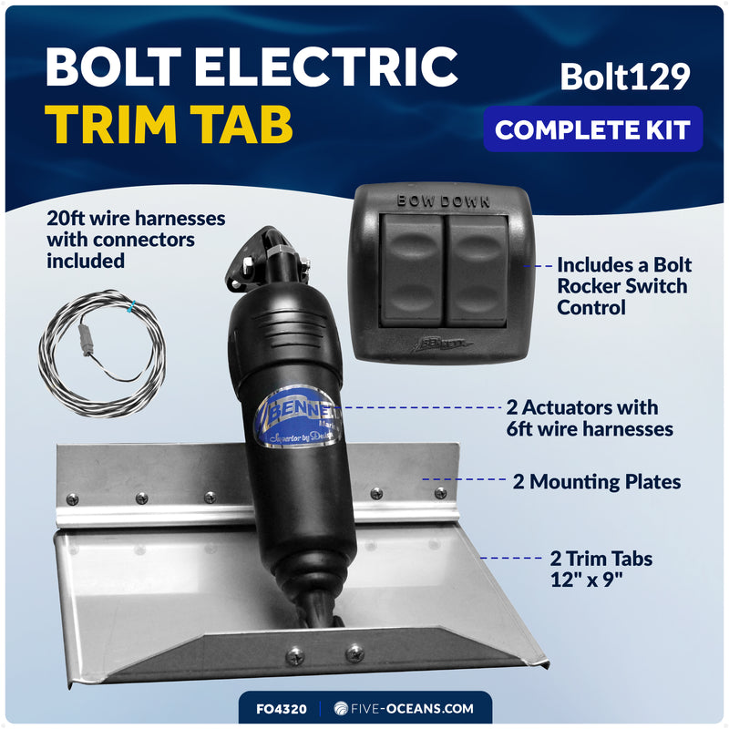 Bennett Marine Electric Trim Tab System 12" x 9", Complete Kit BOLT129, 12V DC - FO4320 - Five Oceans