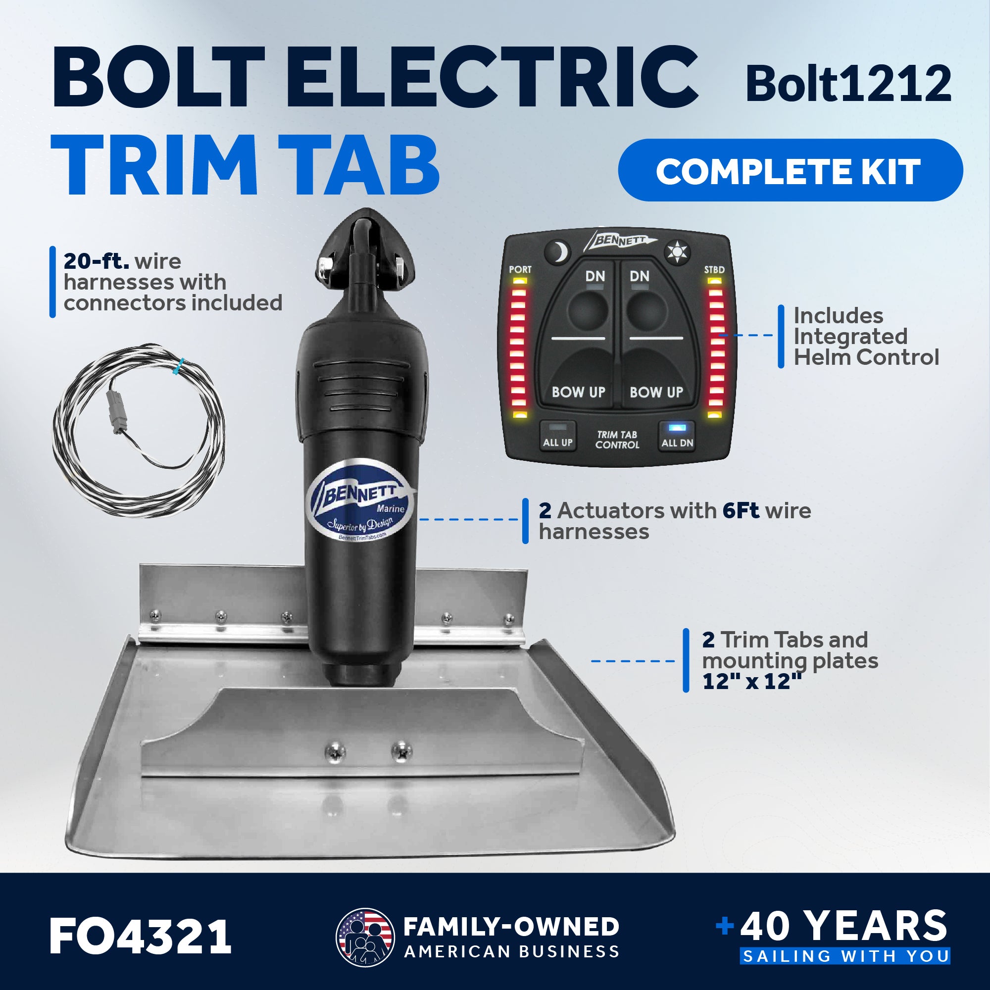 Bolt Electric Trim Tab System 12" x 12", Complete Kit BOLT1212, 12V DC - FO4321