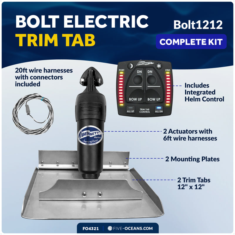 Bennett Marine Electric Trim Tab System 12" x 12", Complete Kit BOLT1212, 12V DC - FO4321 - Five Oceans
