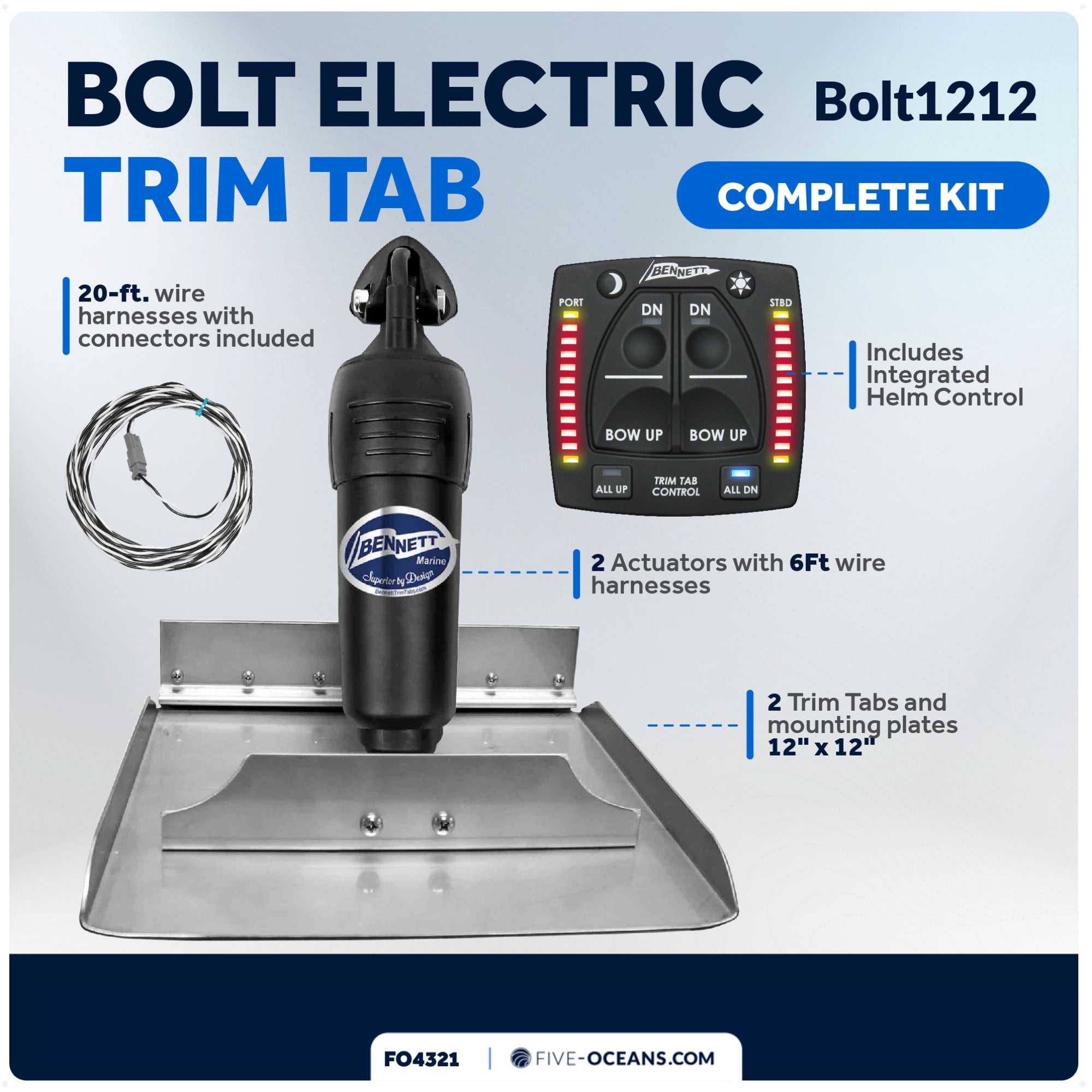 Bennett Marine Electric Trim Tab System 12" x 12", Complete Kit BOLT1212, 12V DC - FO4321 - Five Oceans