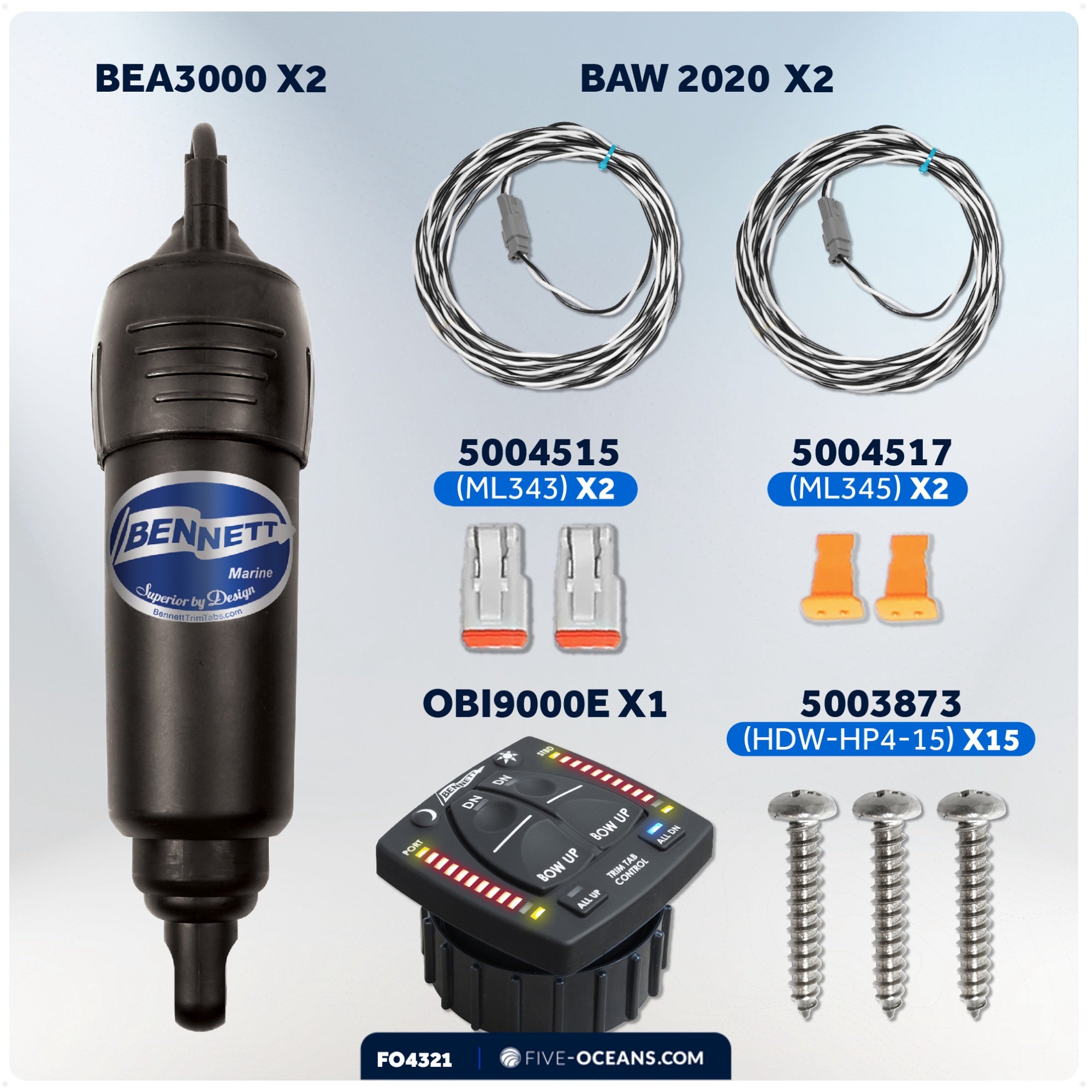Bennett Marine Electric Trim Tab System 12" x 12", Complete Kit BOLT1212, 12V DC - FO4321 - Five Oceans