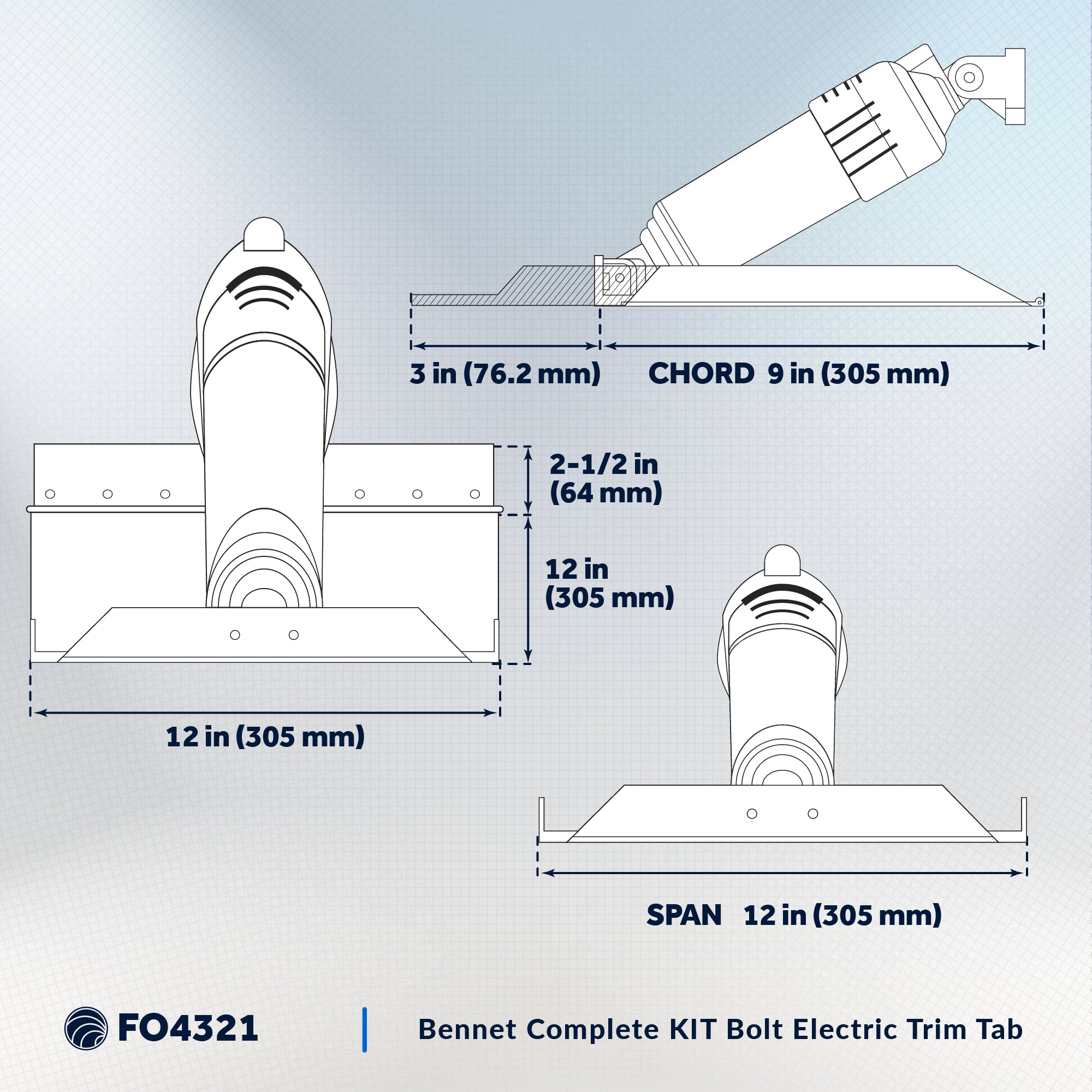 Bolt Electric Trim Tab System 12" x 12", Complete Kit BOLT1212, 12V DC - FO4321