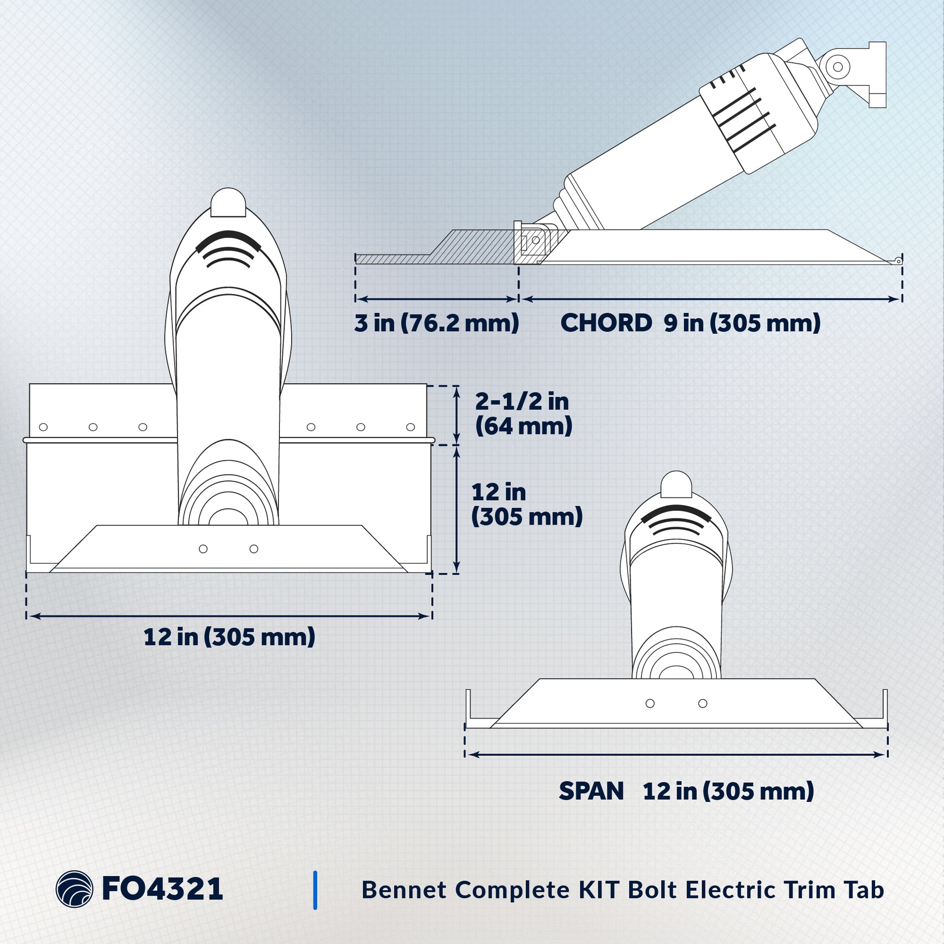 Bolt Electric Trim Tab System 12" x 12", Complete Kit BOLT1212, 12V DC - FO4321 - Five Oceans