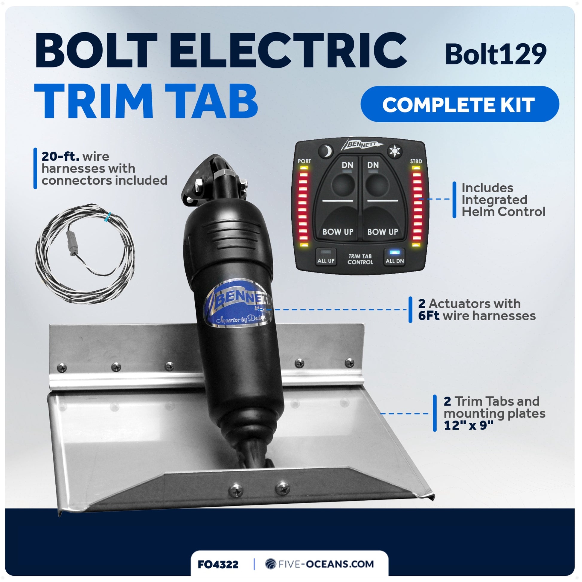 Bennett Marine Electric Trim Tab System 12" x 9", Complete Kit BOLT129, 12V DC - FO4322 - Five Oceans