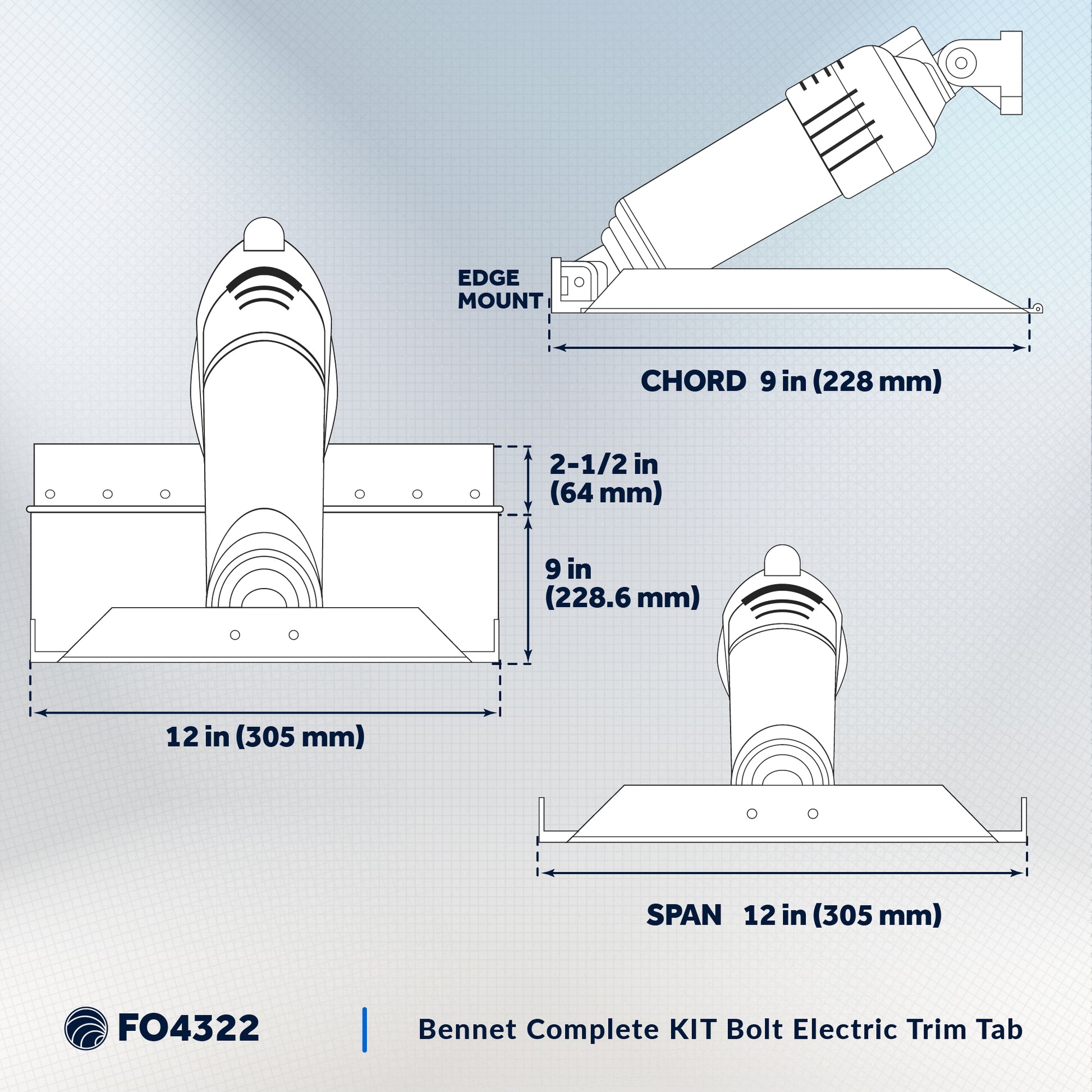 Bennett Marine Electric Trim Tab System 12" x 9", Complete Kit BOLT129, 12V DC - FO4322 - Five Oceans