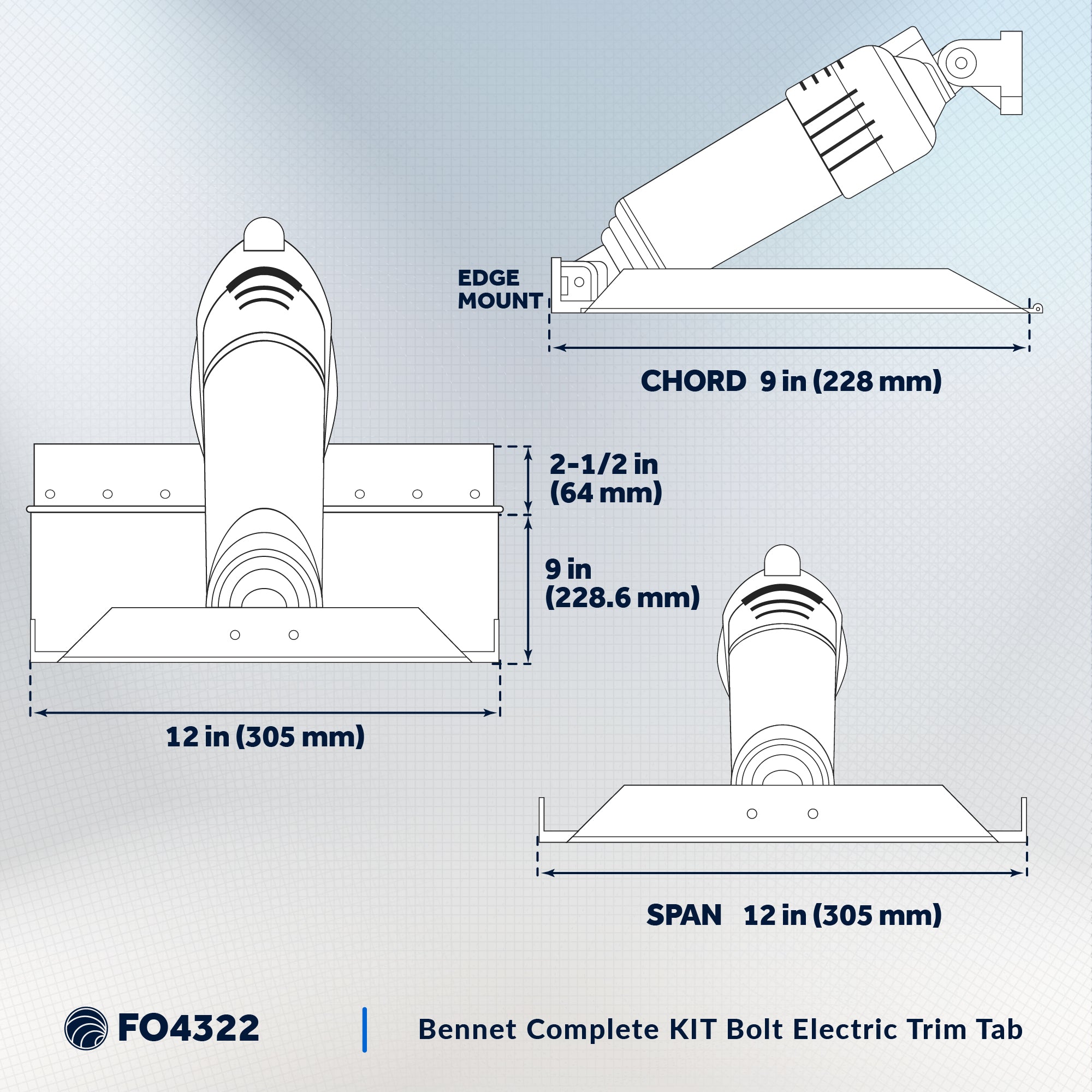 Bennett Marine Electric Trim Tab System 12" x 9", Complete Kit BOLT129, 12V DC - FO4322 - Five Oceans