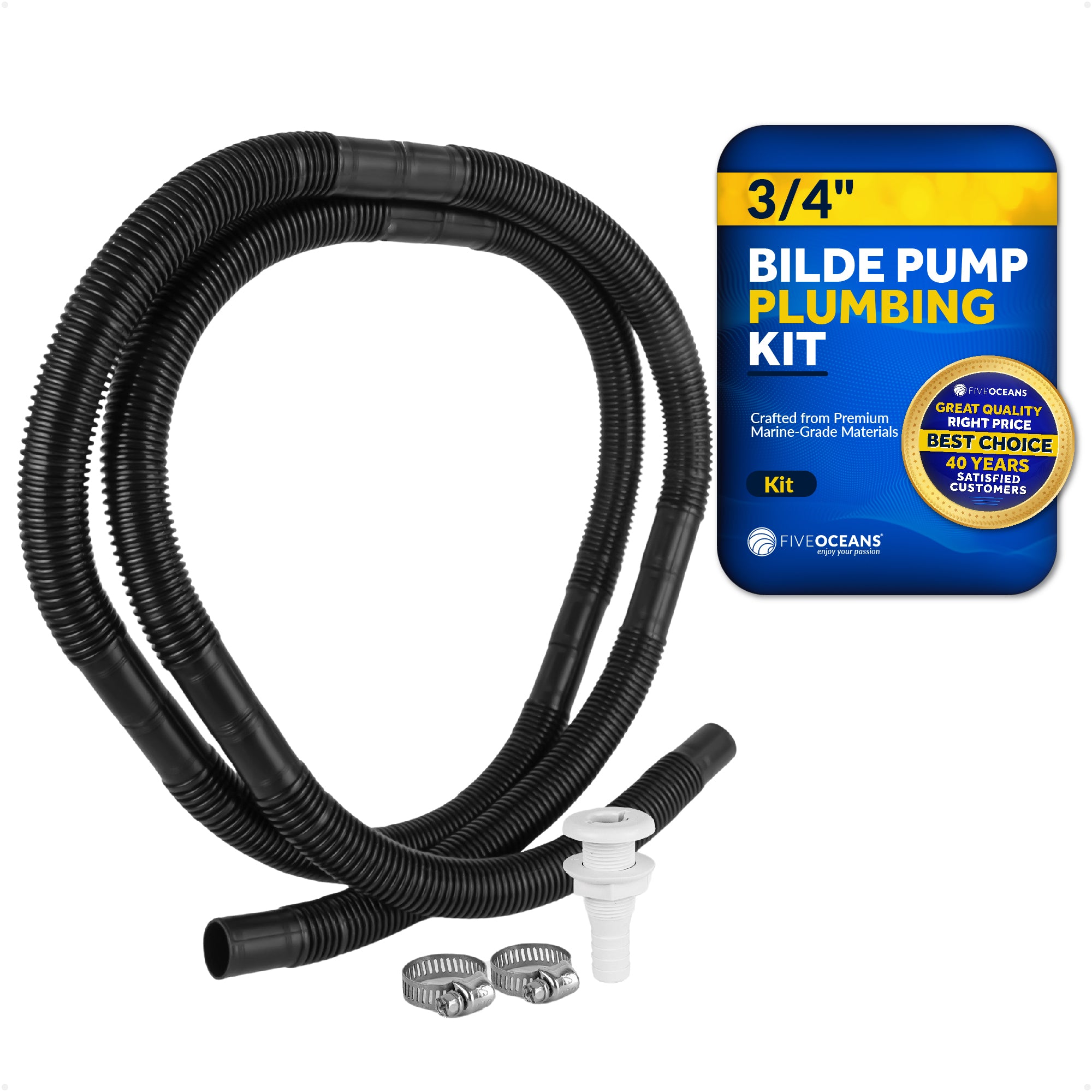 Bilge Pump Plumbing Kit, 7' Black PVC Hose 3/4", 2 Hose Clamps, Thru-Hull Fitting - FO4329 - Five Oceans