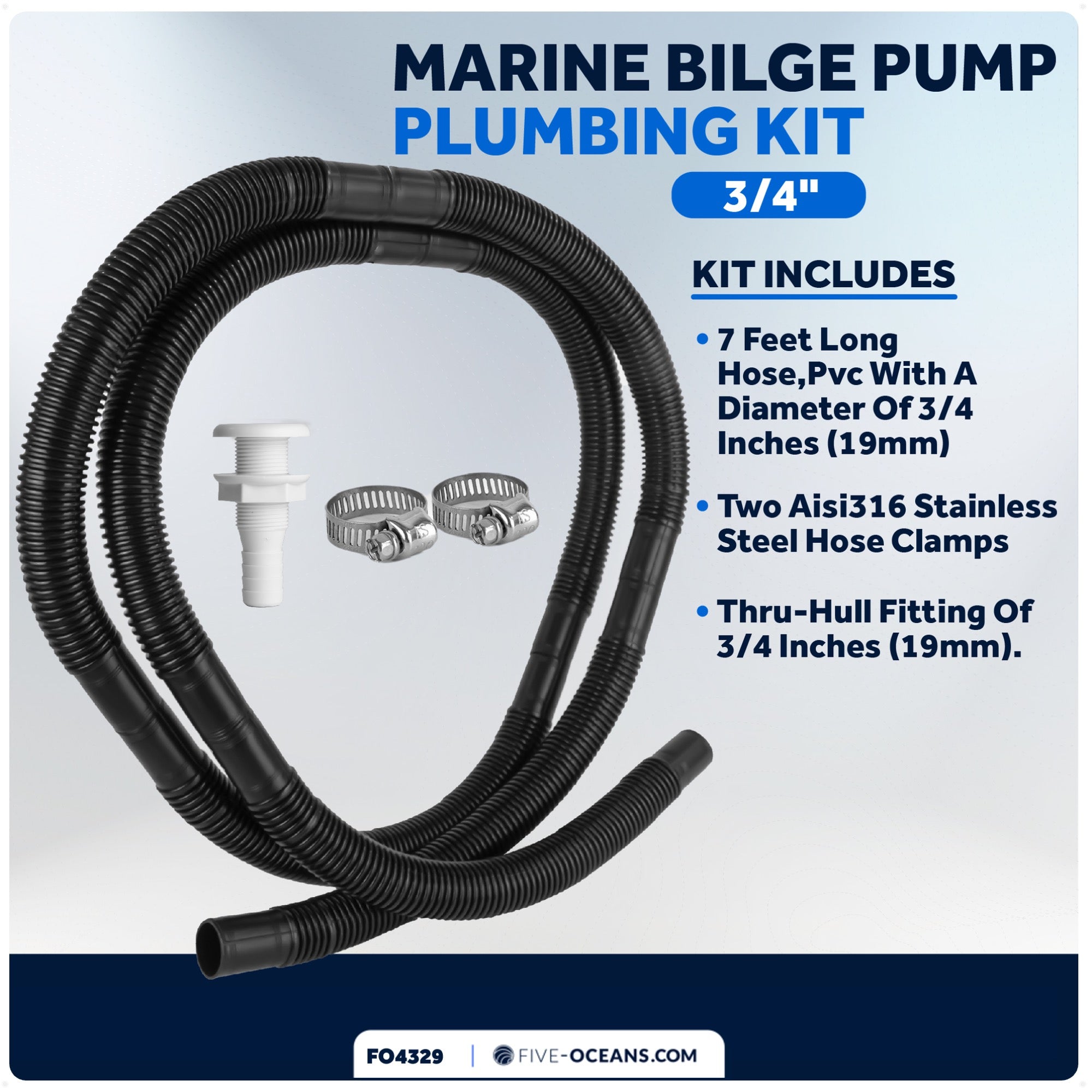Bilge Pump Plumbing Kit, 7' Black PVC Hose 3/4", 2 Hose Clamps, Thru-Hull Fitting - FO4329 - Five Oceans